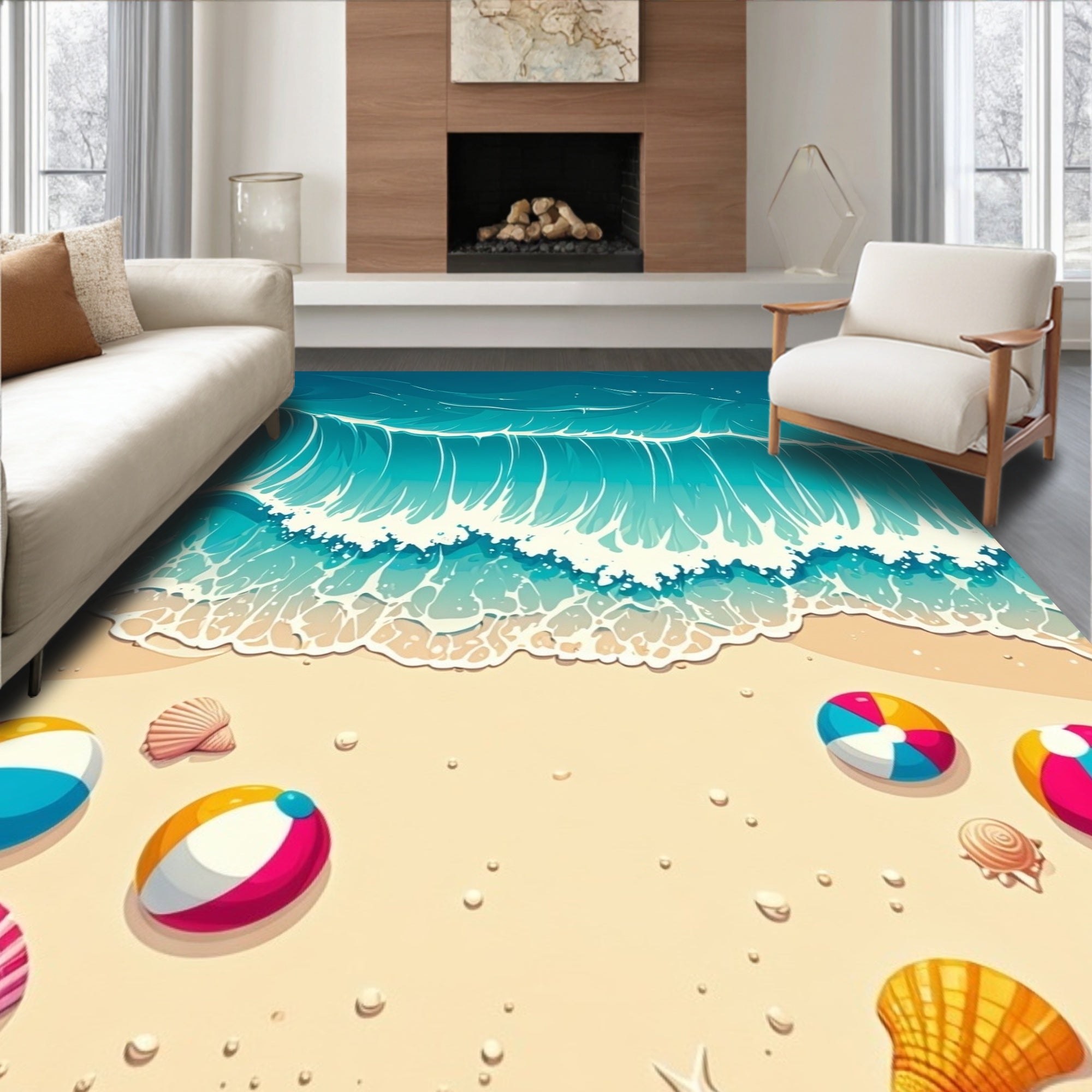 Tropical Beach Ocean Wave Ball Shell Pattern Rug