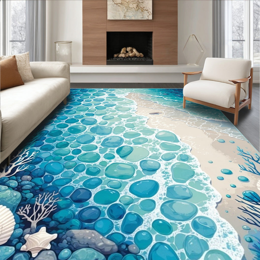 Ocean Pebble Waves Coastal Pattern Rug