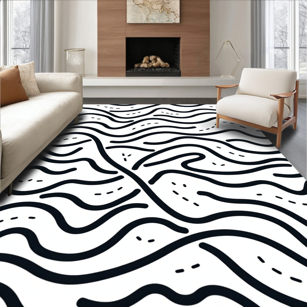 Abstract Wavy Black Dots Surface Rug