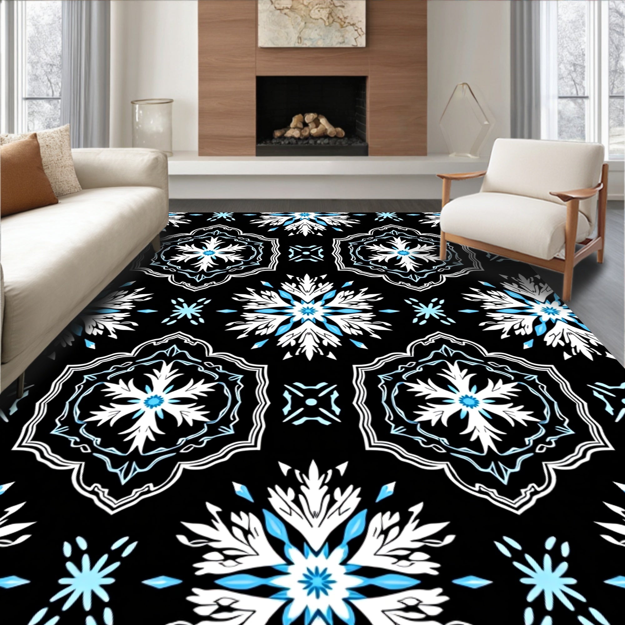Black and White Blue Starburst Medallion Rug