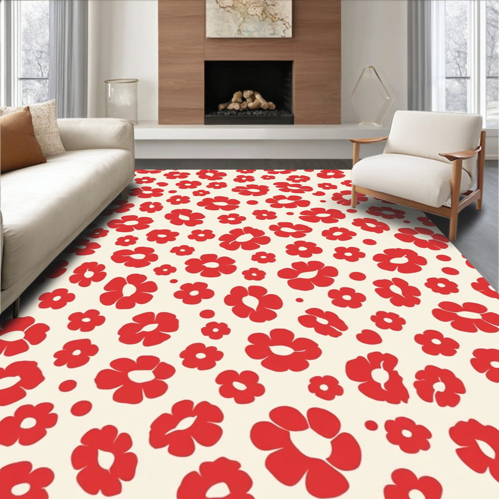 Red Blossom Pattern 50s Style Rug