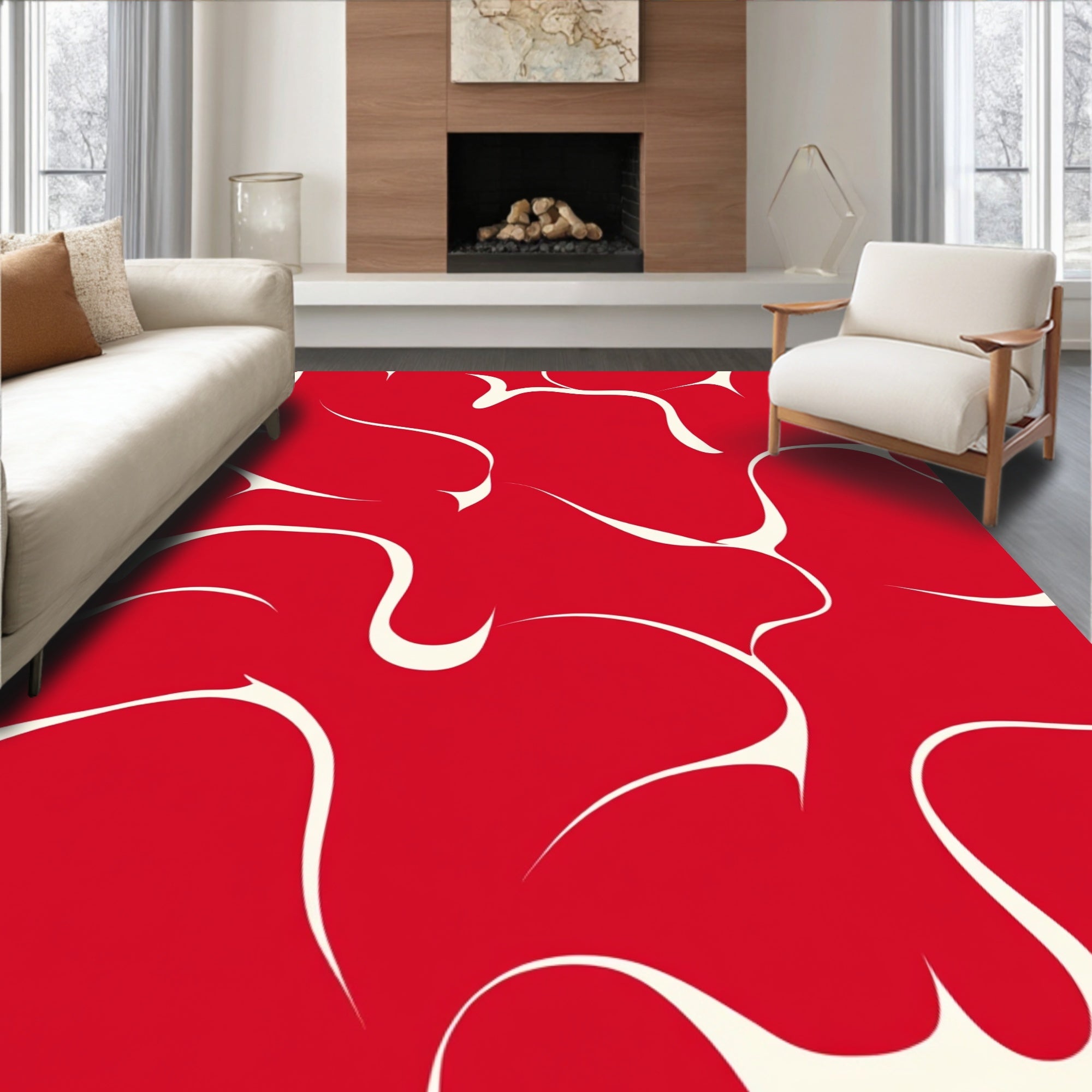 Organic Swirl Red And Cream Abstract Pattern Rug