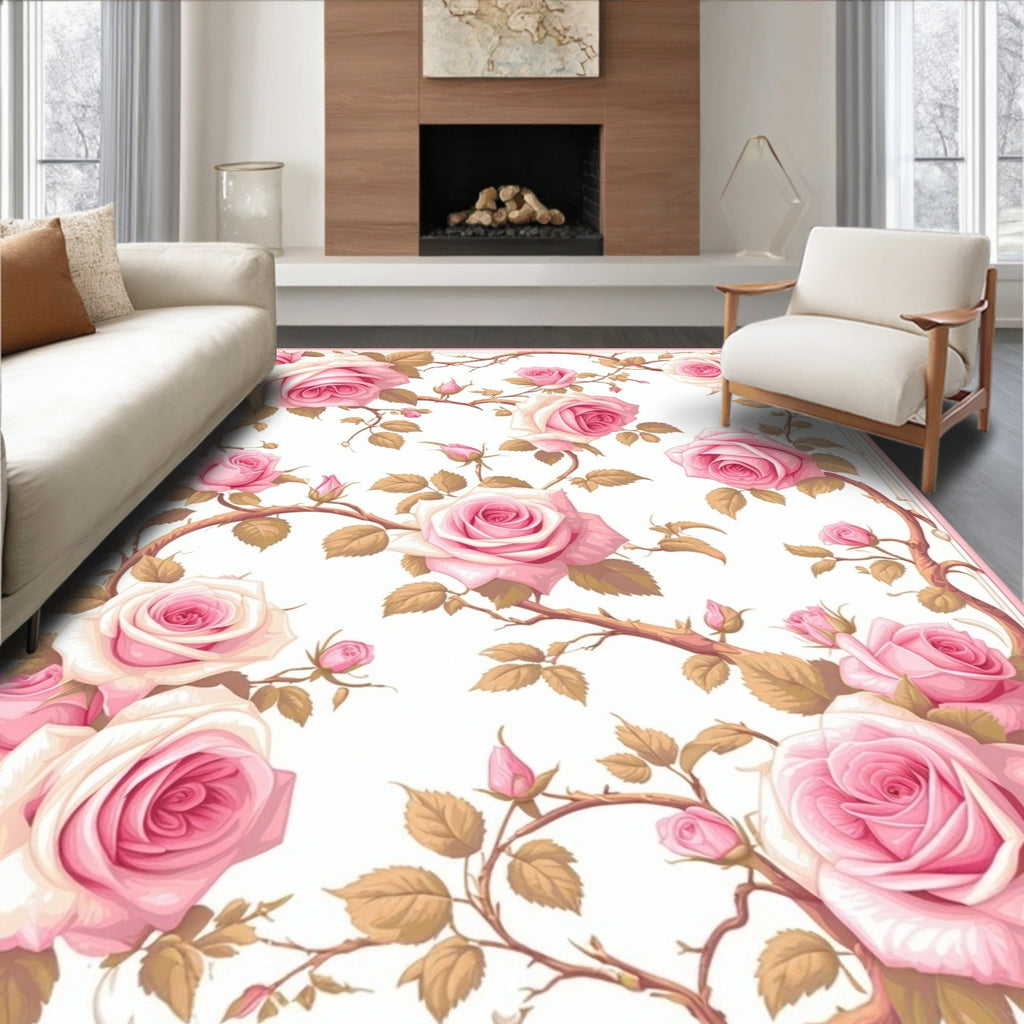 Romantic Pink Rose Vine Pattern Rug