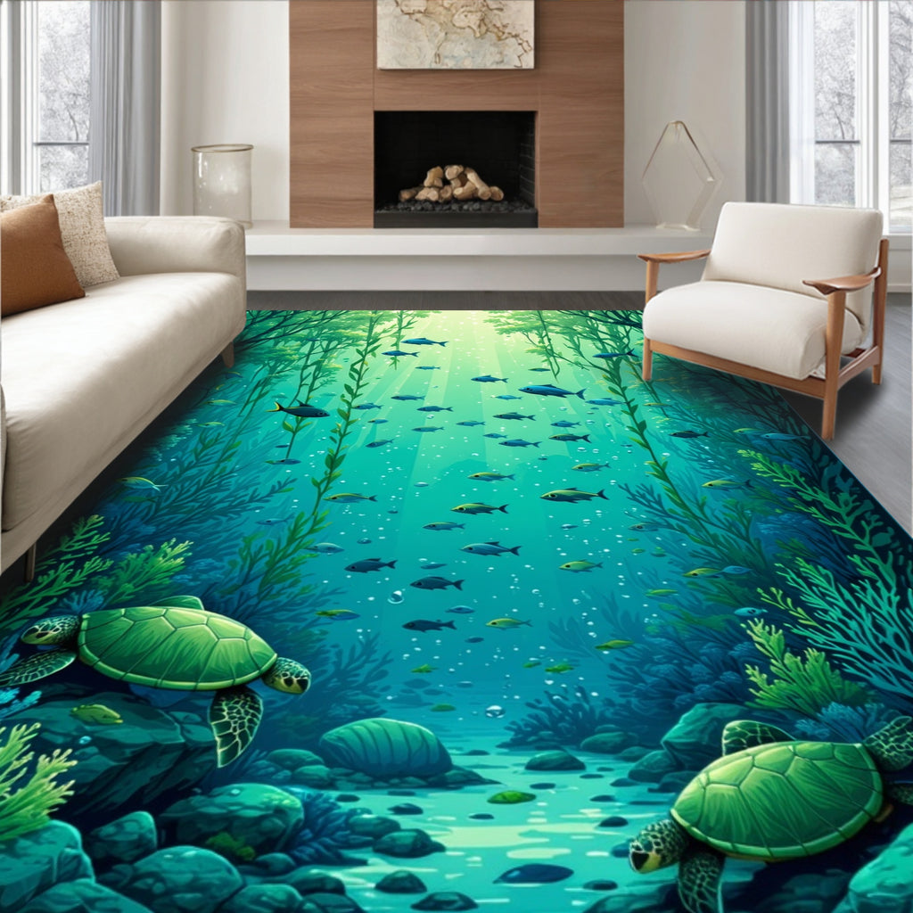 Underwater Scene with Tortoises and Fish Rug