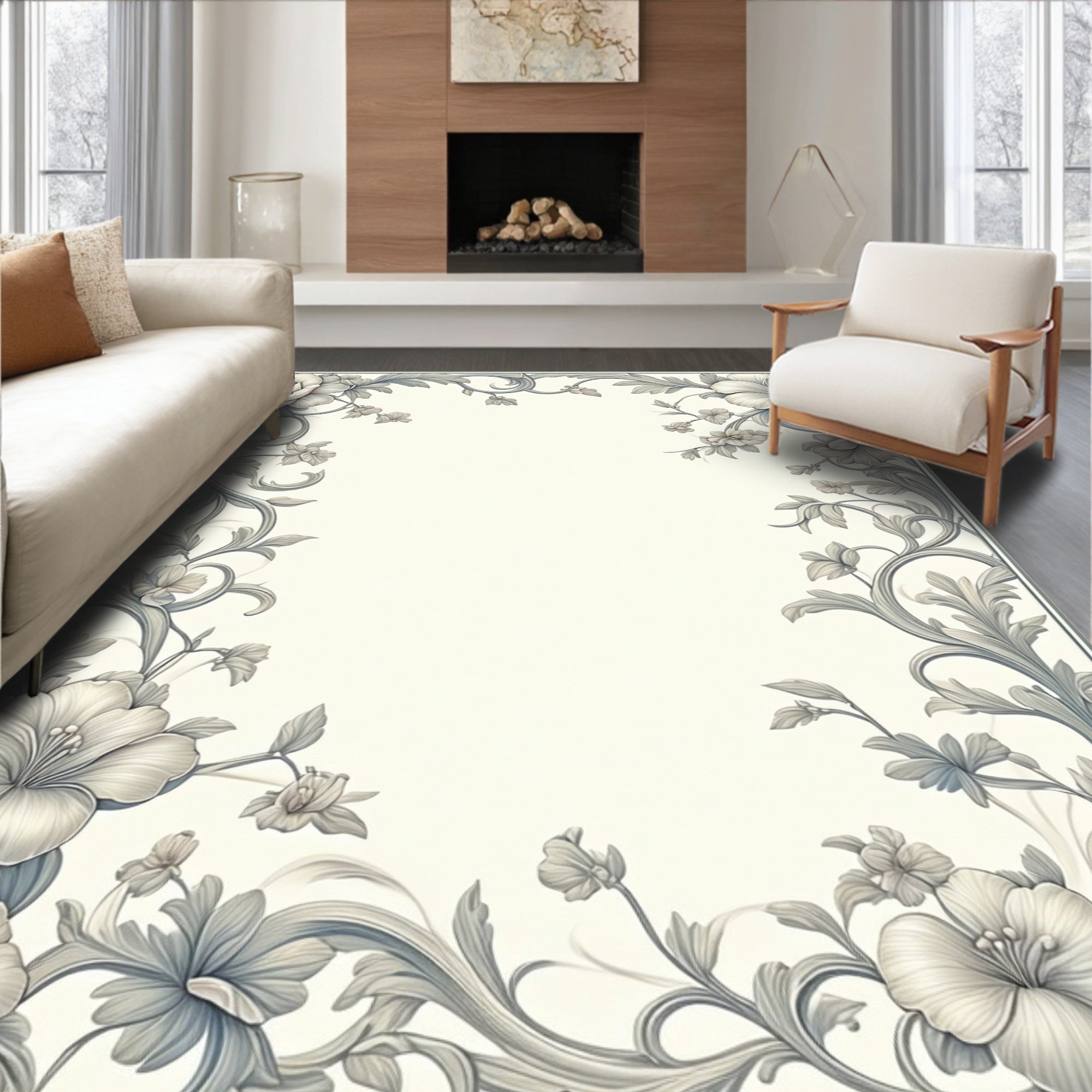 Gray Floral Swirls Border Design Rug