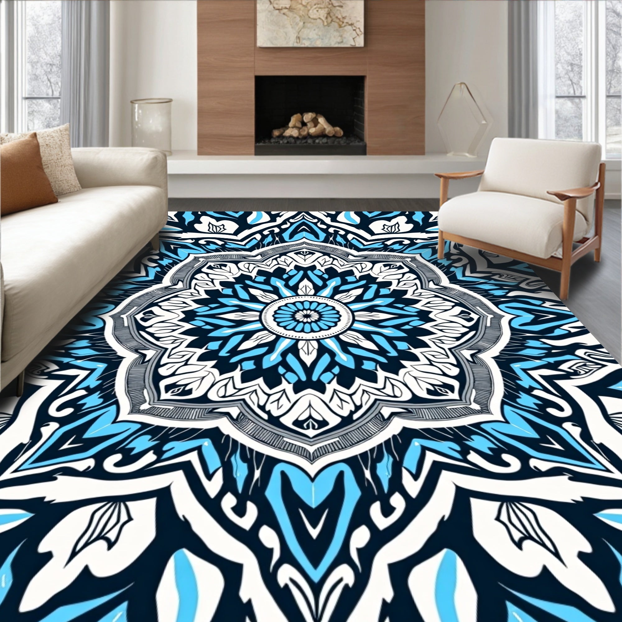 Intricate Blue White Floral Mandala Rug