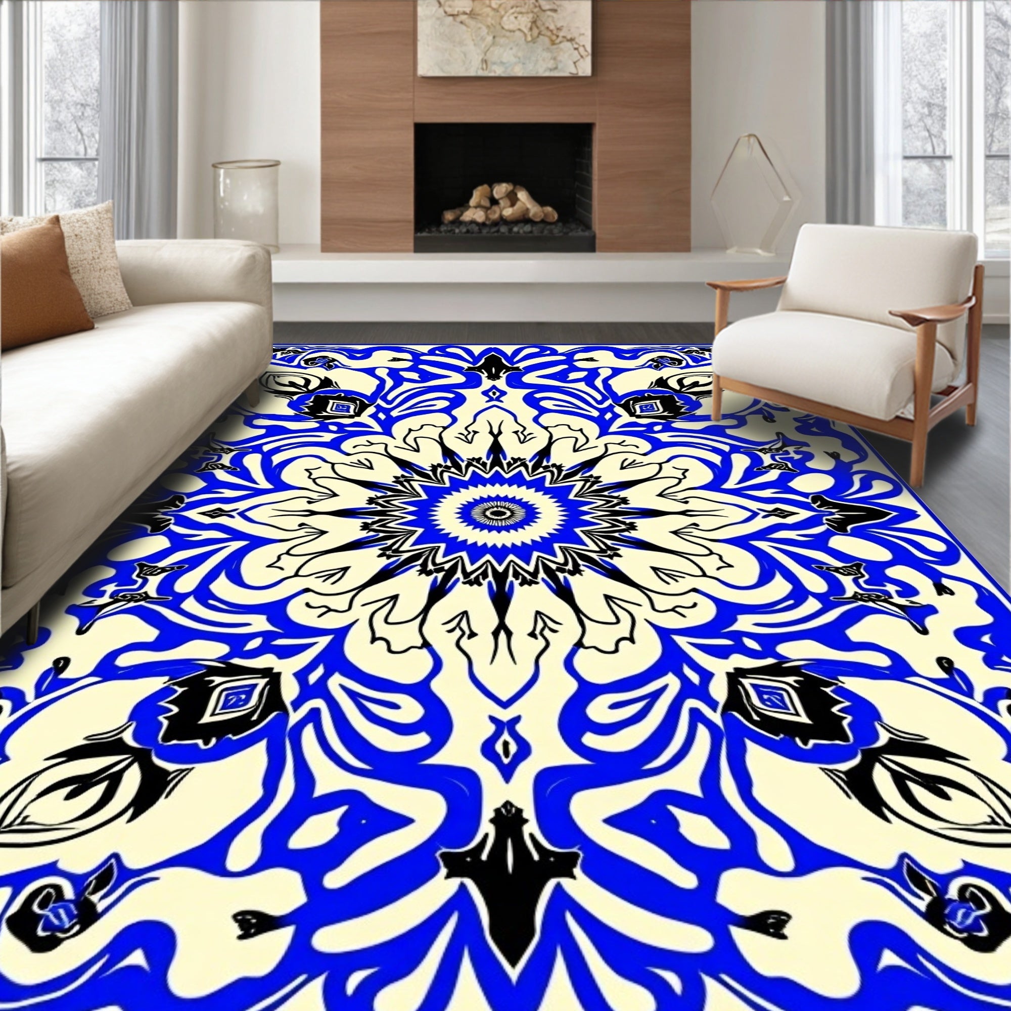 Bold Blue Black Floral Mandala Design Rug