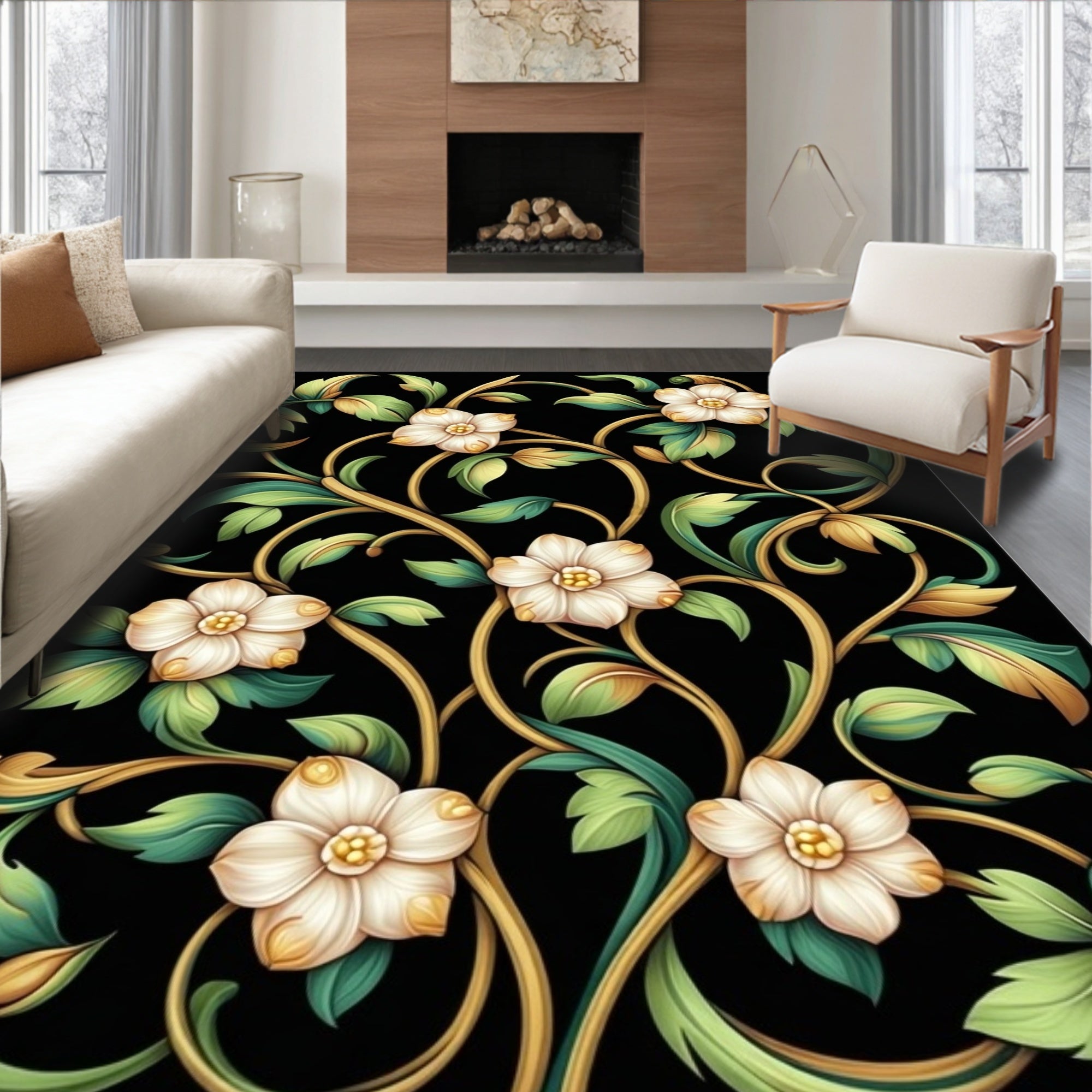 Ornate Floral Vine Pattern Design Rug