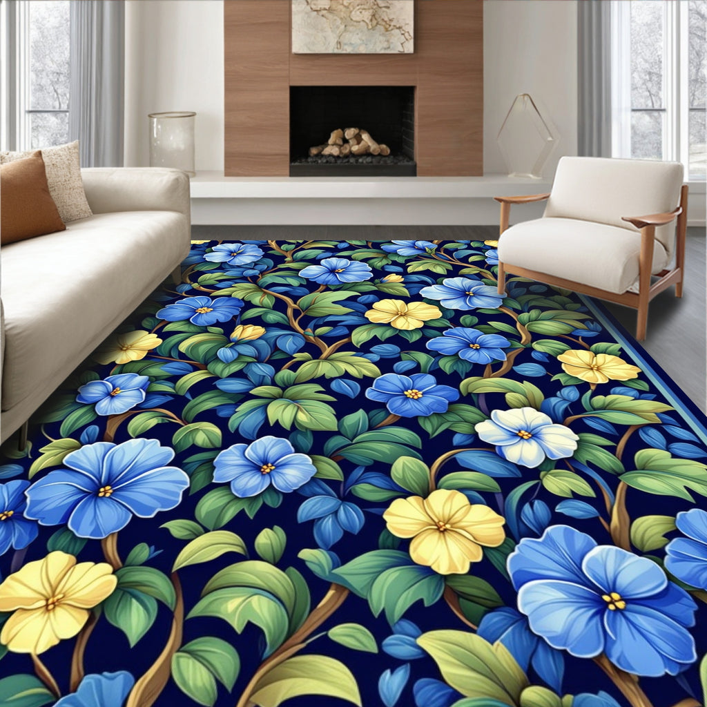 Vibrant Blue Yellow Floral Vines Rug