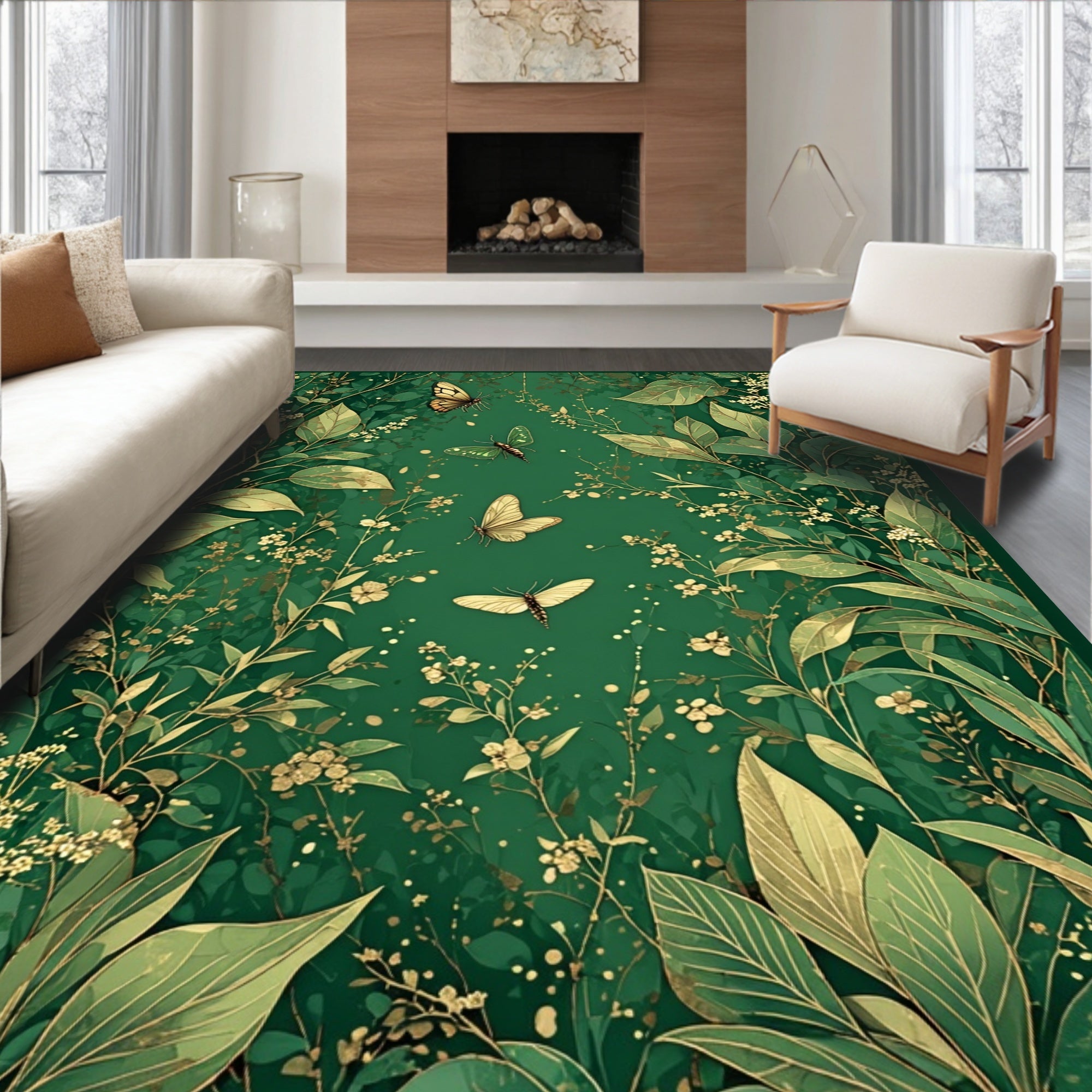 Enchanted Emerald Garden Butterfly Motif Rug