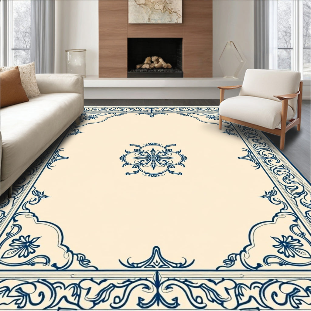 Ornate Floral Border Cream and Navy Rug