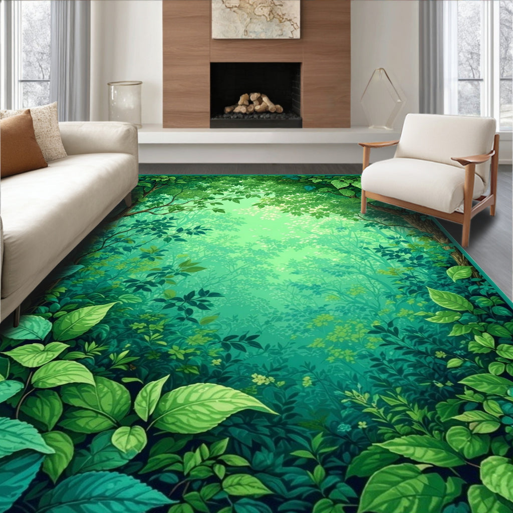 Lush Green Forest Foliage Pattern Rug