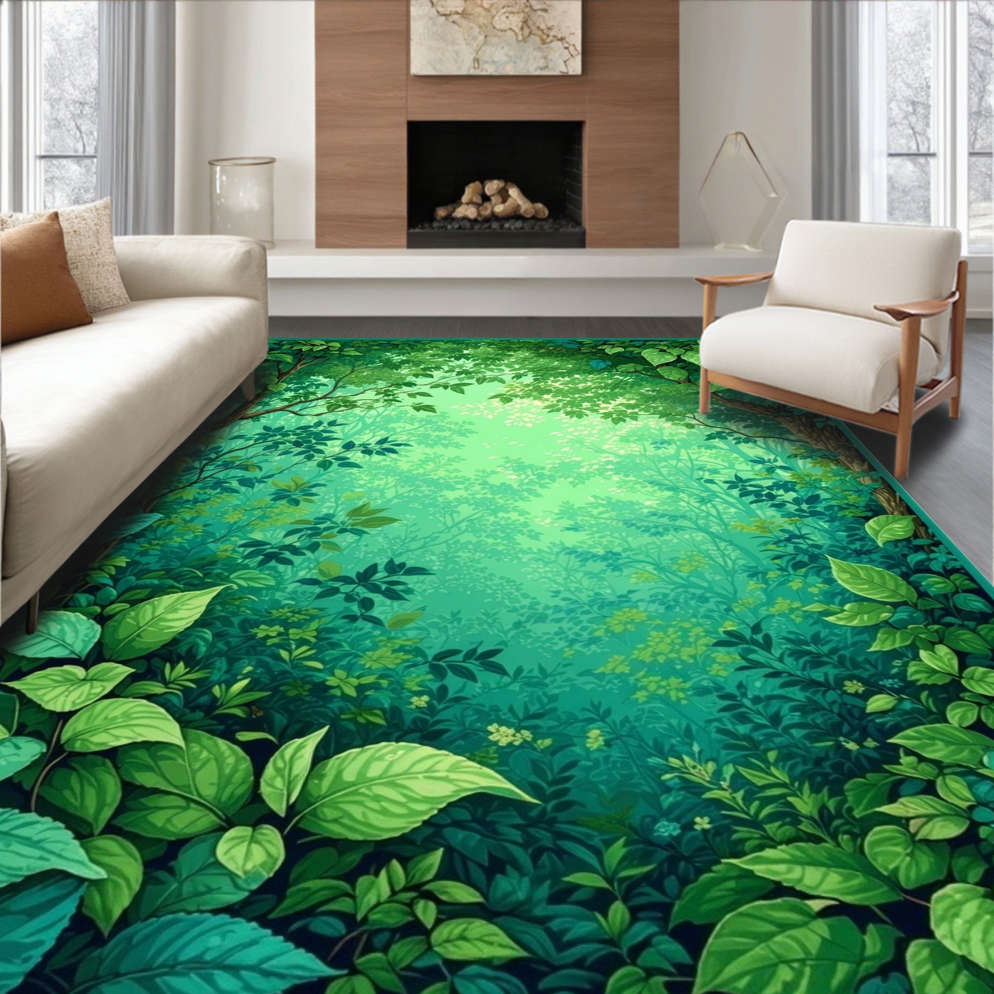 Lush Green Forest Foliage Pattern Rug