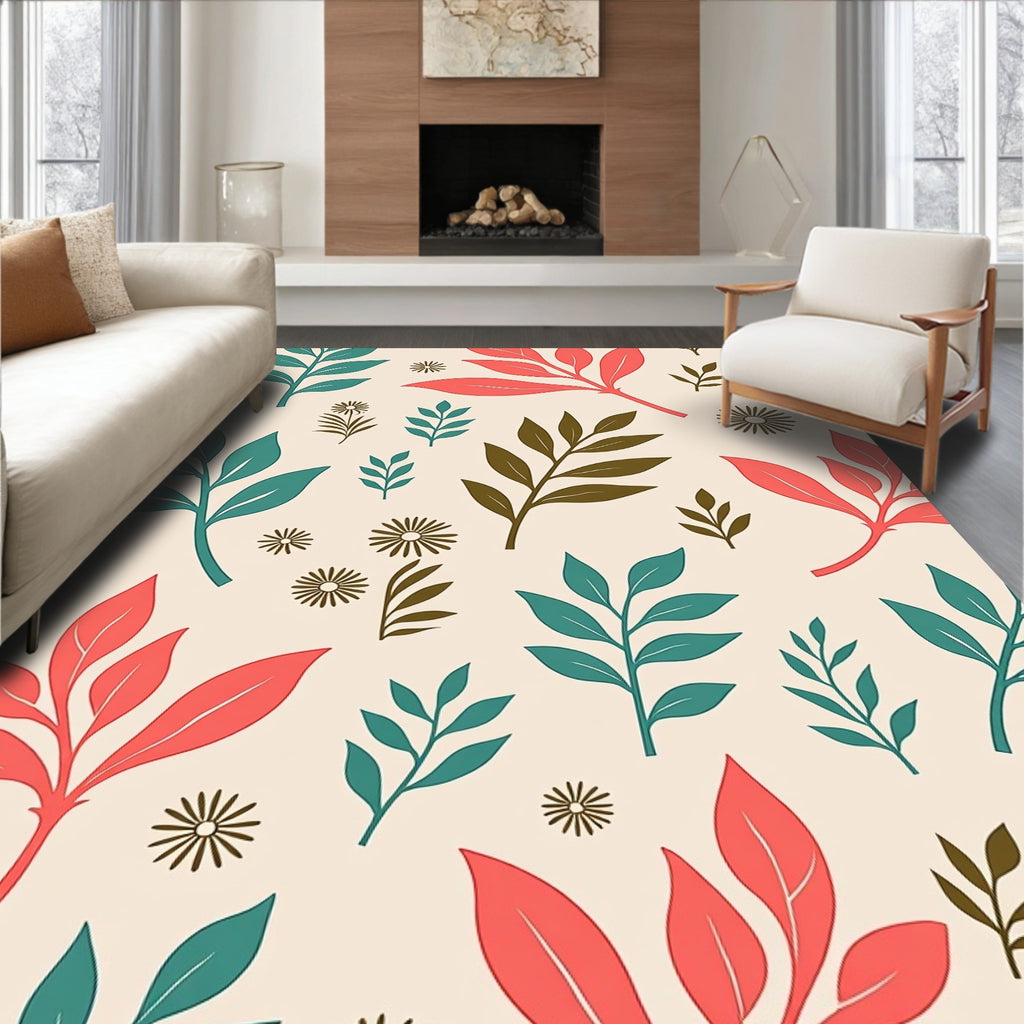 Terra Cotta Teal Leaf Pattern Rug