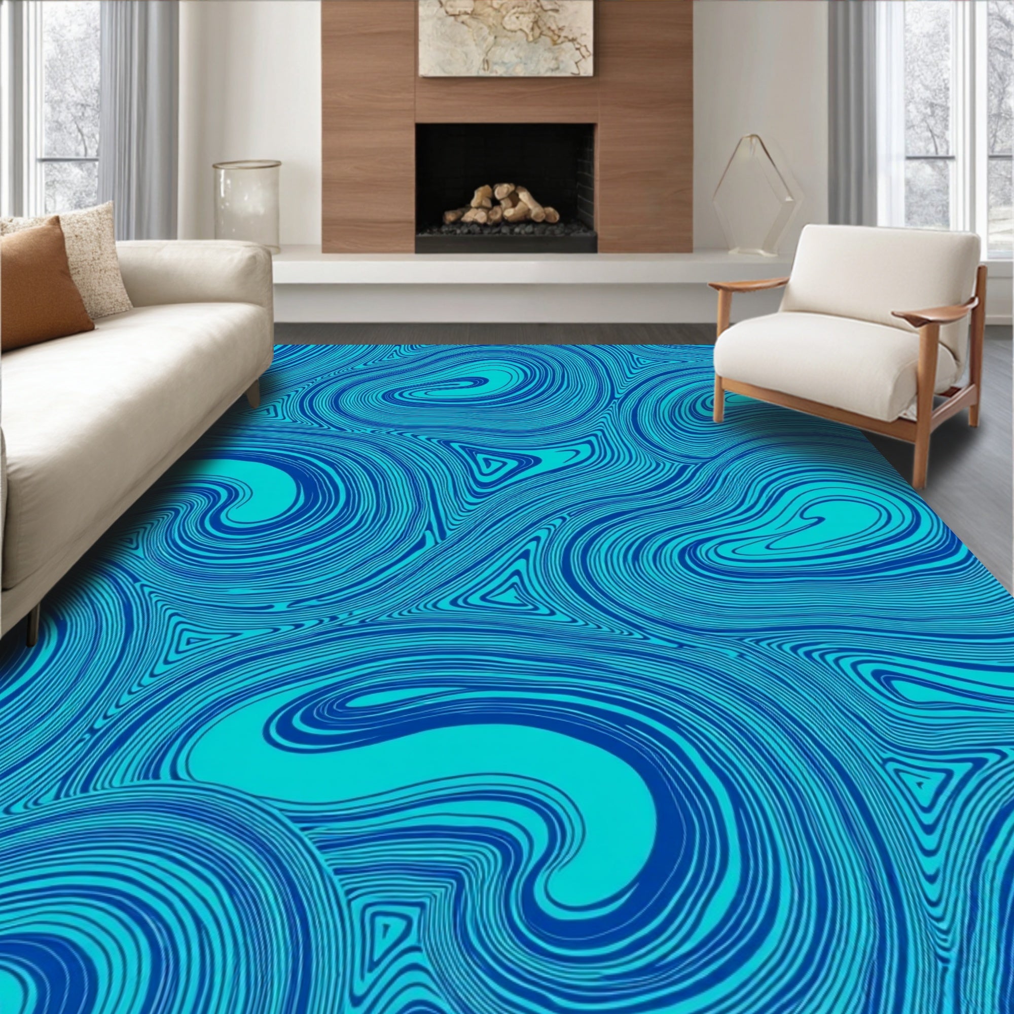 Abstract Swirls Teal Blue Ripples Rug
