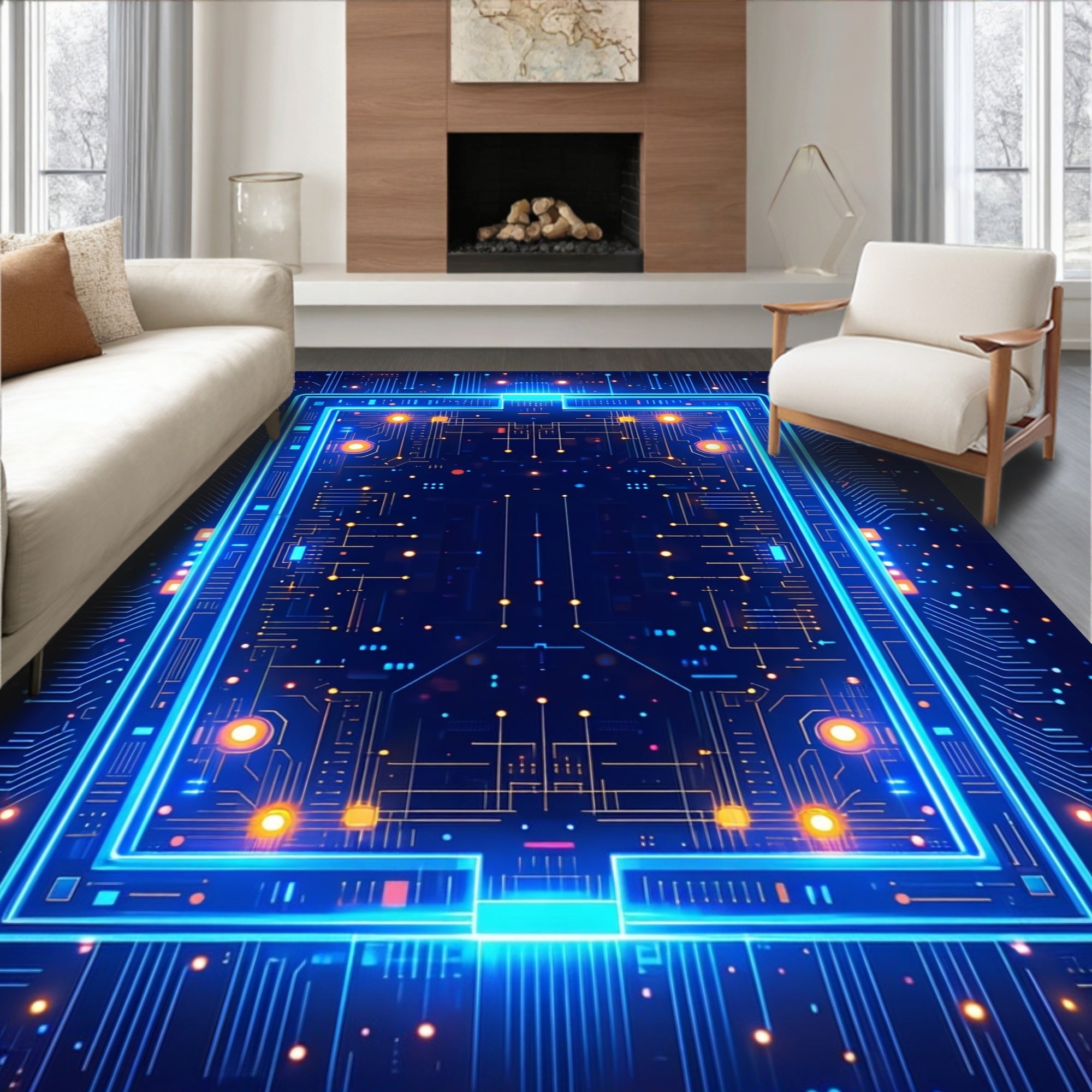 Teal And Orange Circuit Board Pattern Rug