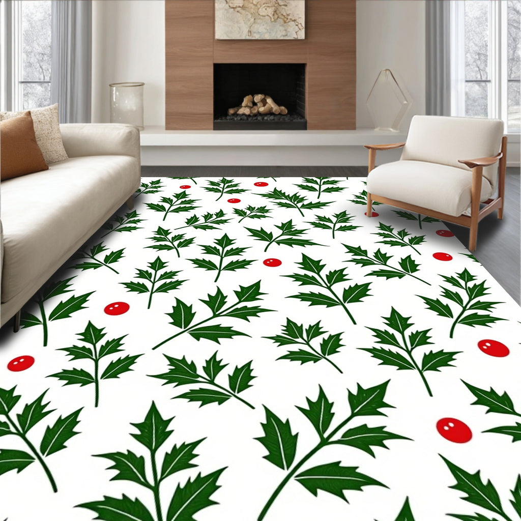 Green Holly Berries Christmas Rug
