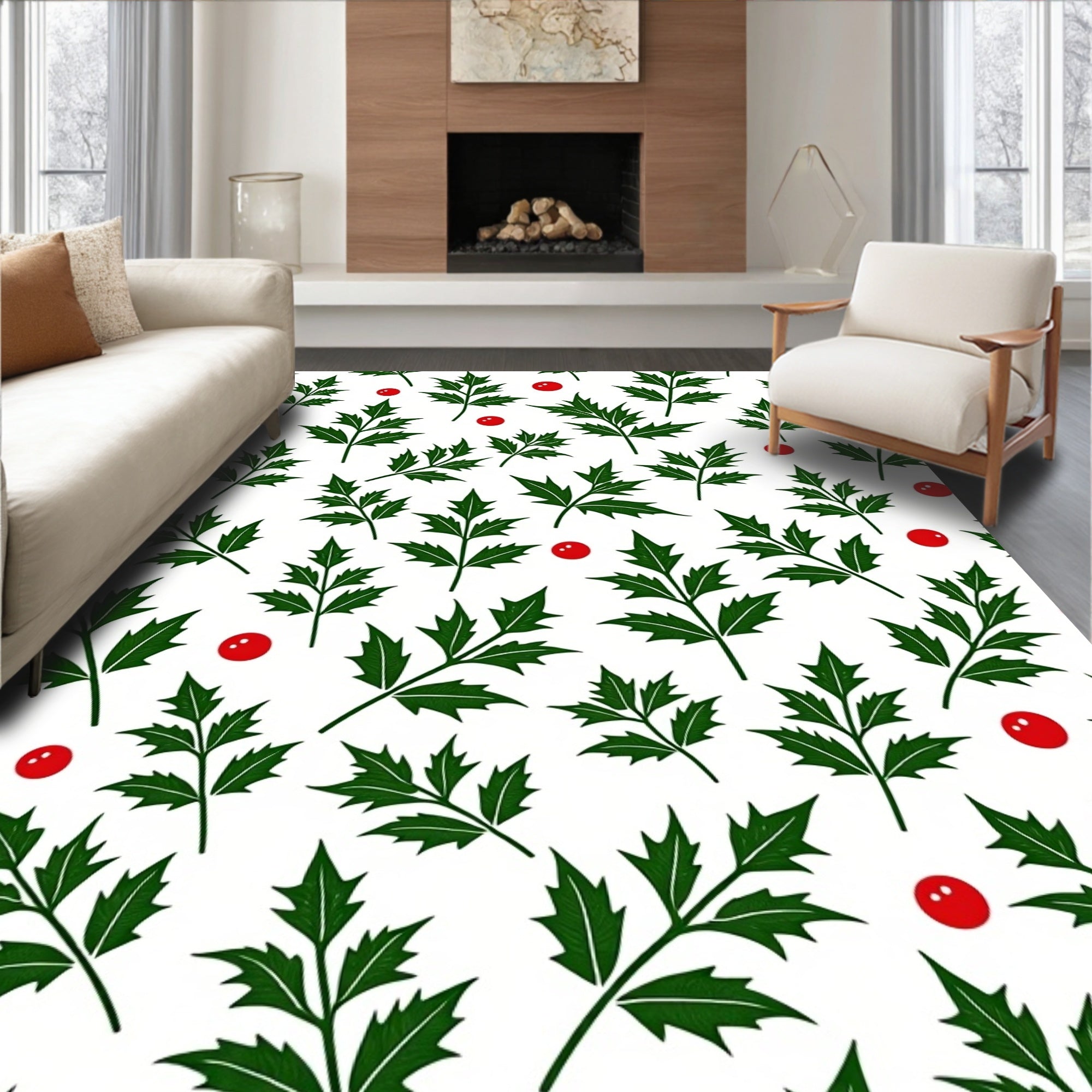 Green Holly Berries Christmas Rug
