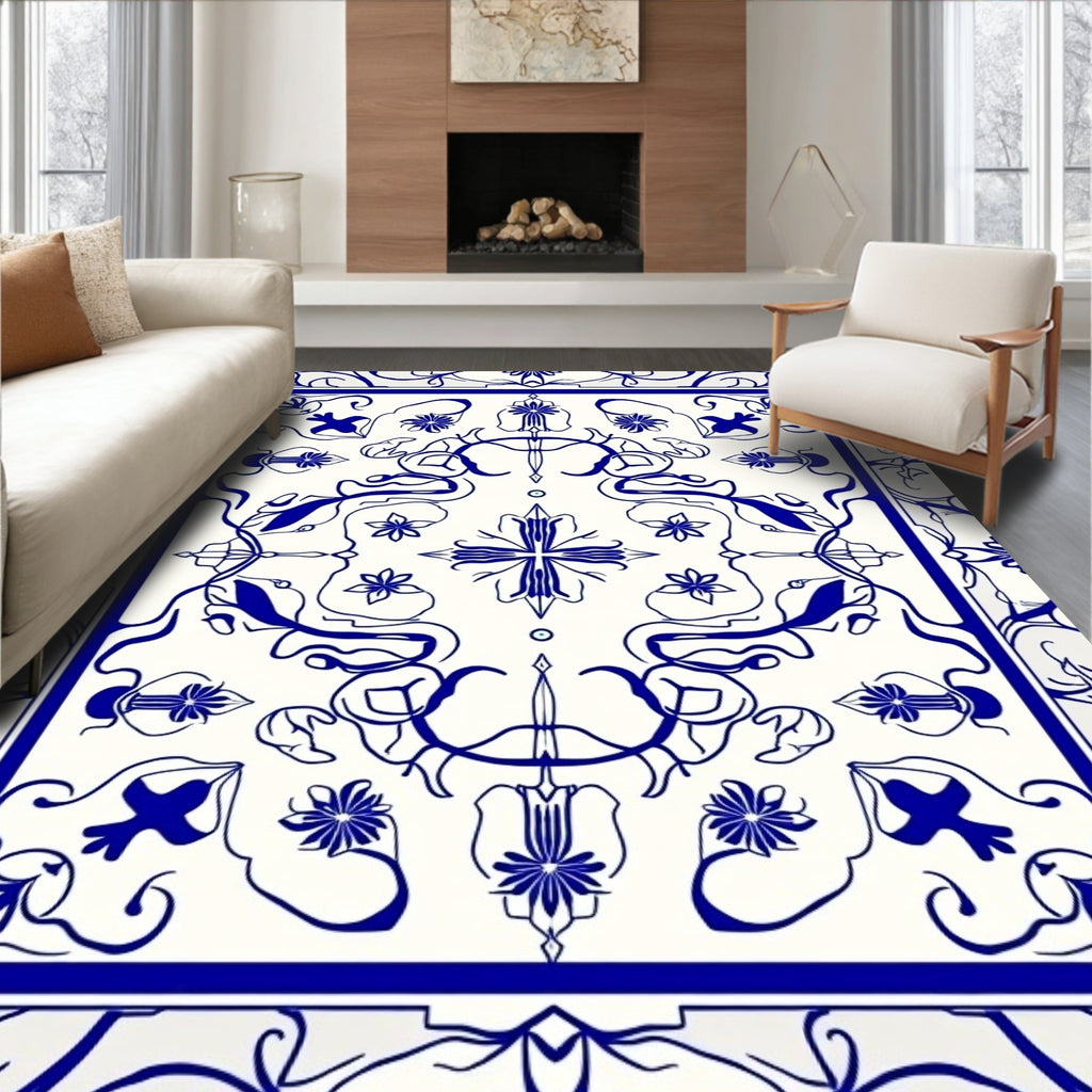 Vintage Blue Floral Symmetry Pattern Rug