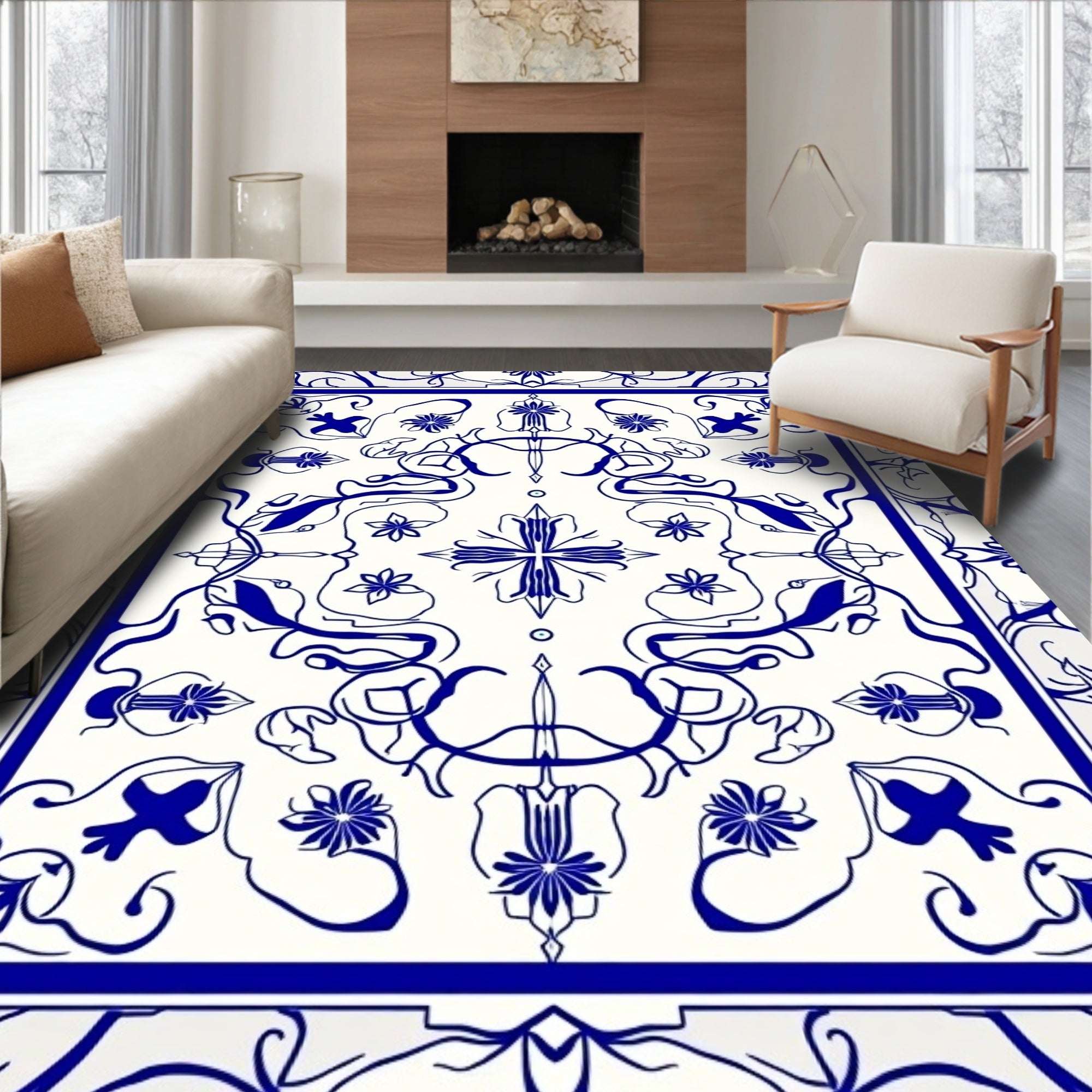 Vintage Blue Floral Symmetry Pattern Rug
