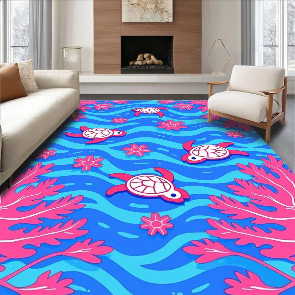 Playful Sea Turtle Coral Pattern Rug