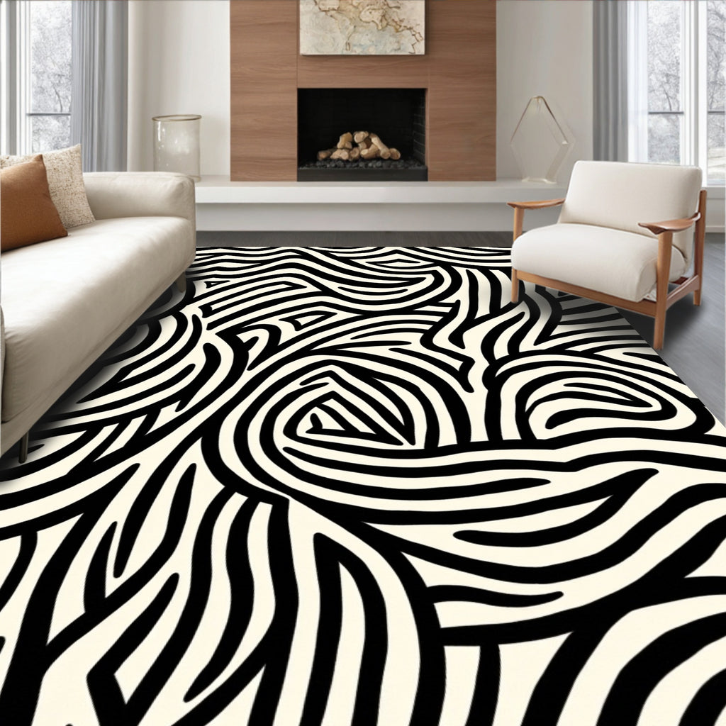 Abstract Swirly Black and White Pattern Rug