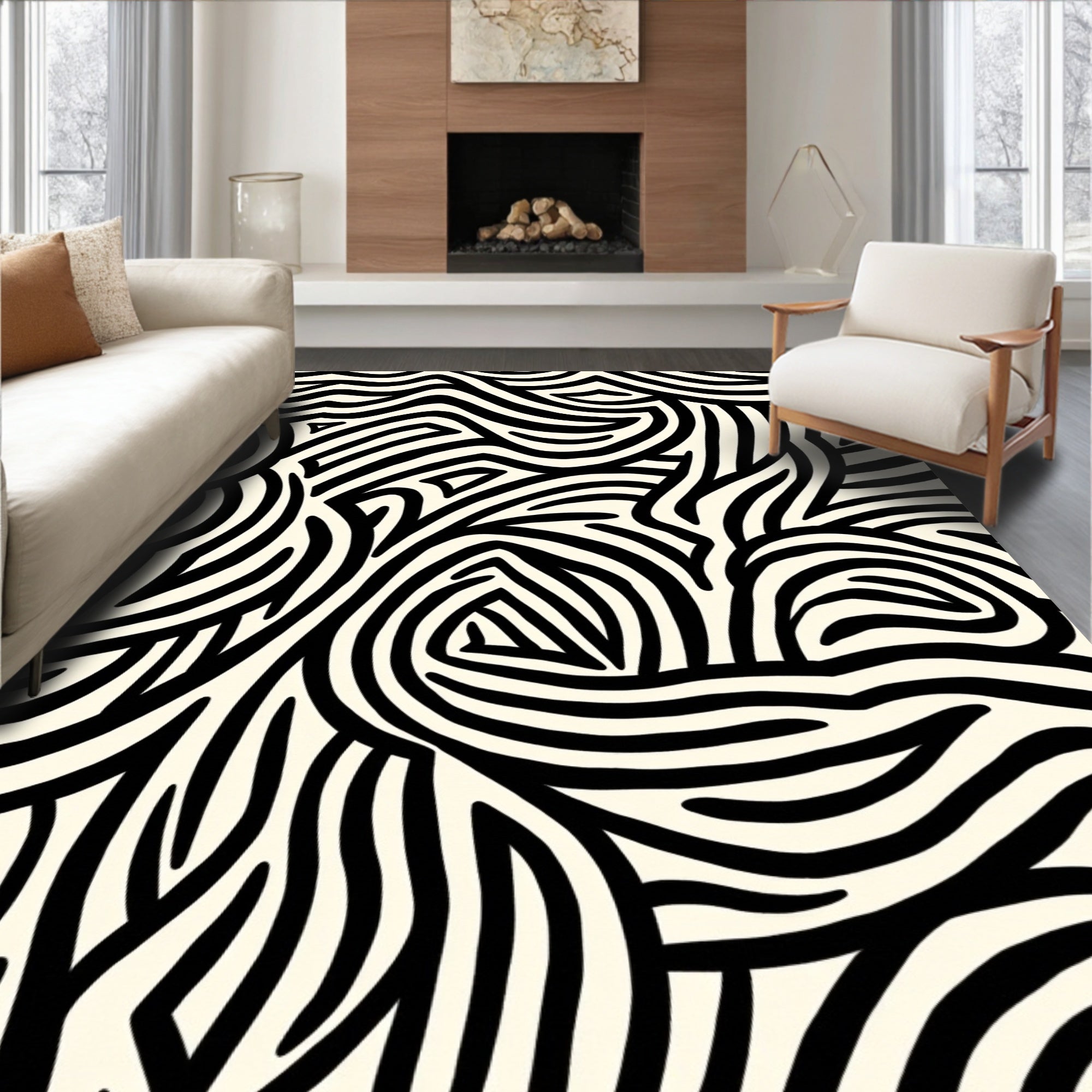 Abstract Swirly Black and White Pattern Rug