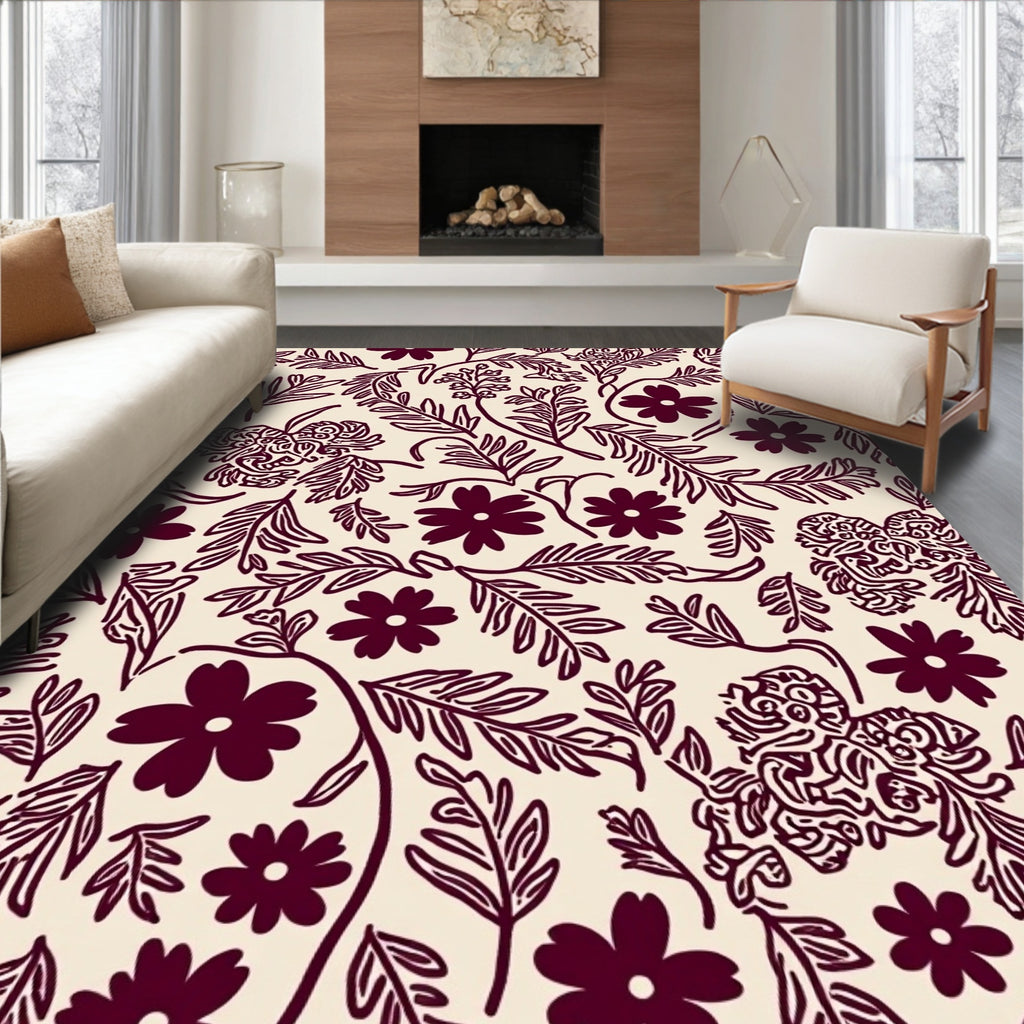 Burgundy Floral Vine Pattern Rug