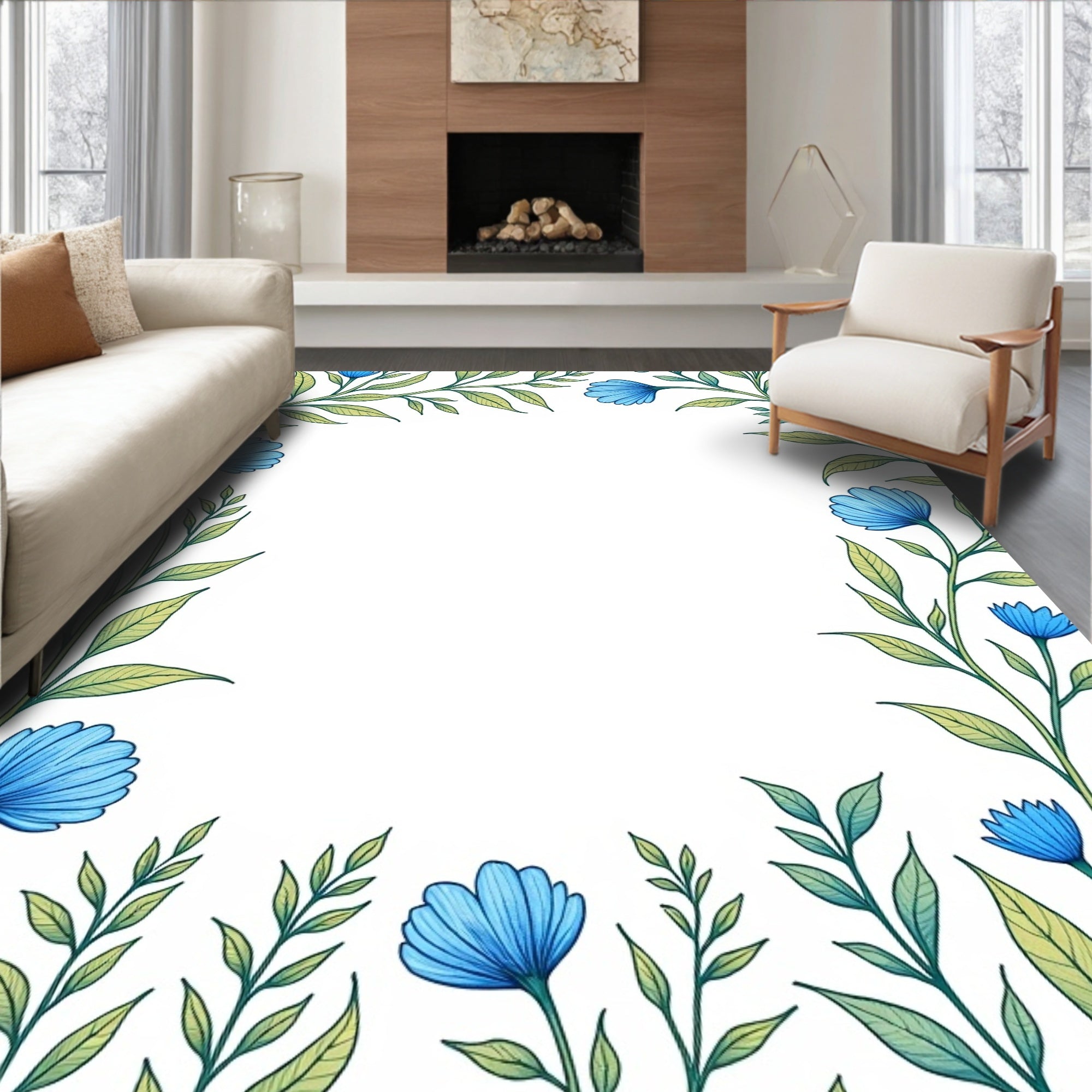 Blue Floral Vine Border Rug
