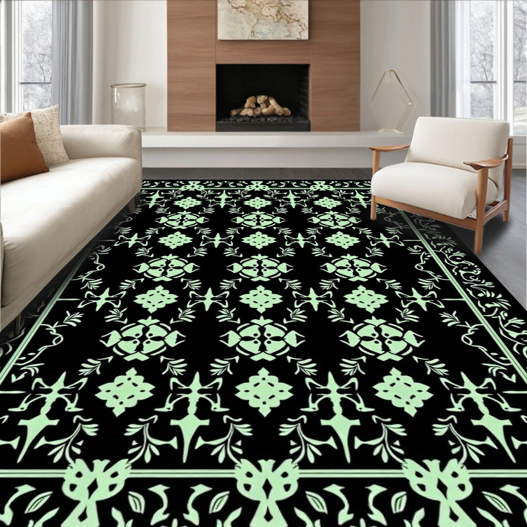 Light Green Black Ornate Floral Rug