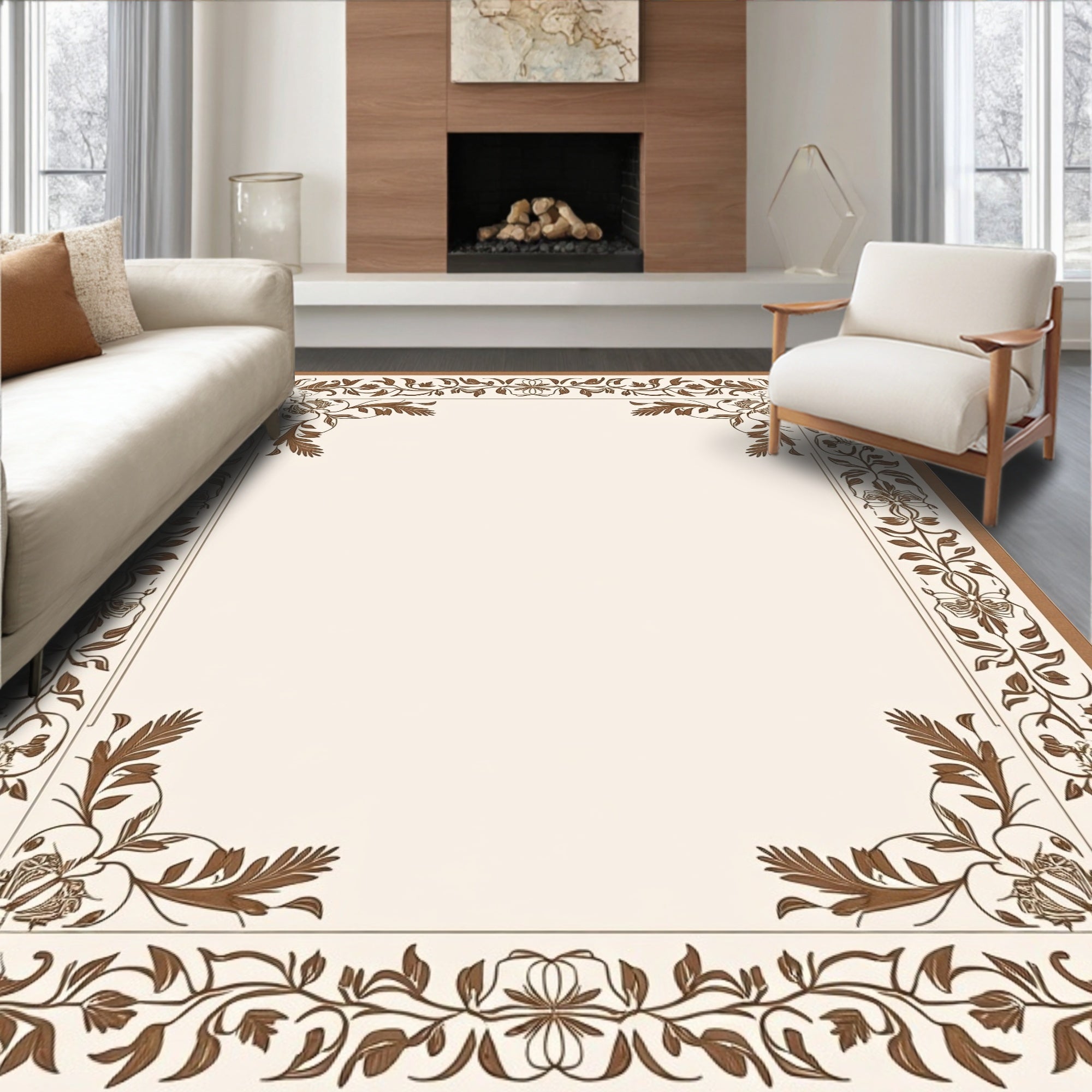 Ornate Brown Floral Scroll Border Rug