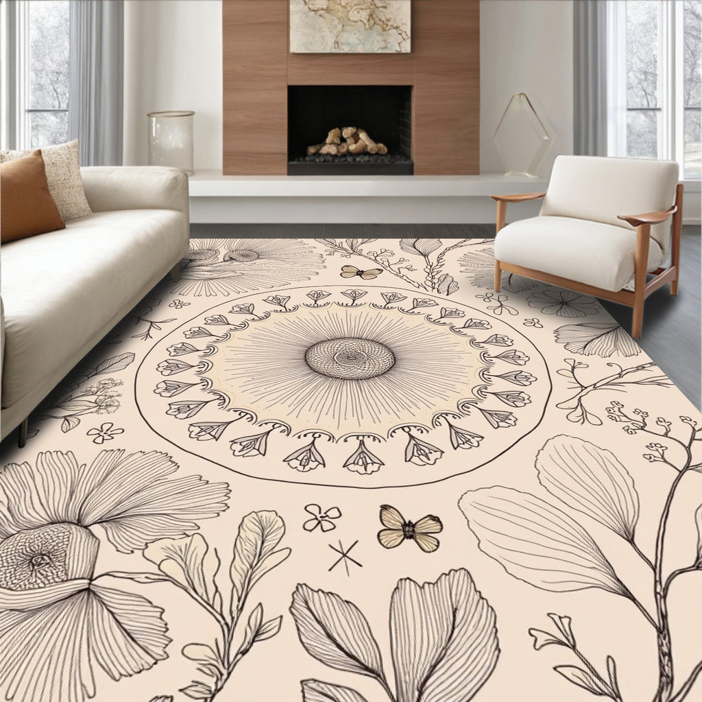 Botanical Illustration Mandala With Butterflies Rug