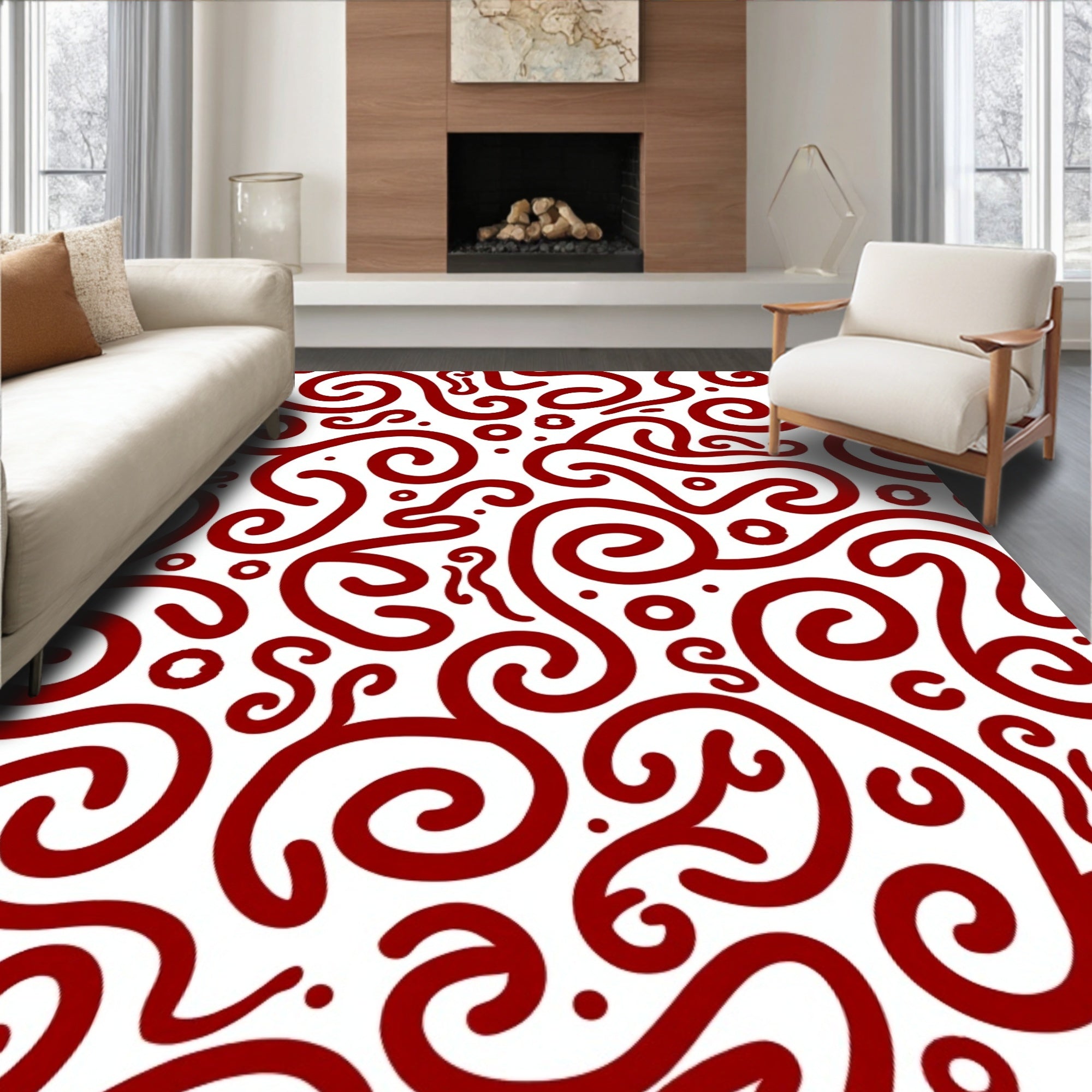 Whimsical Red Swirls Abstract Pattern Rug
