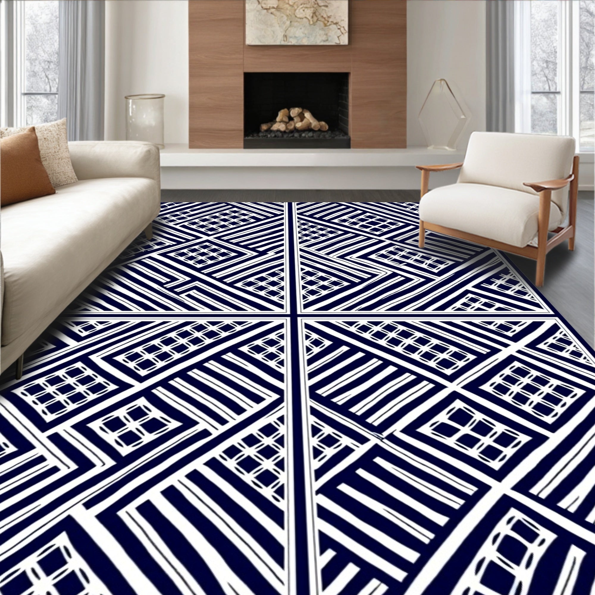 Bold Blue White Geometric Collage Rug
