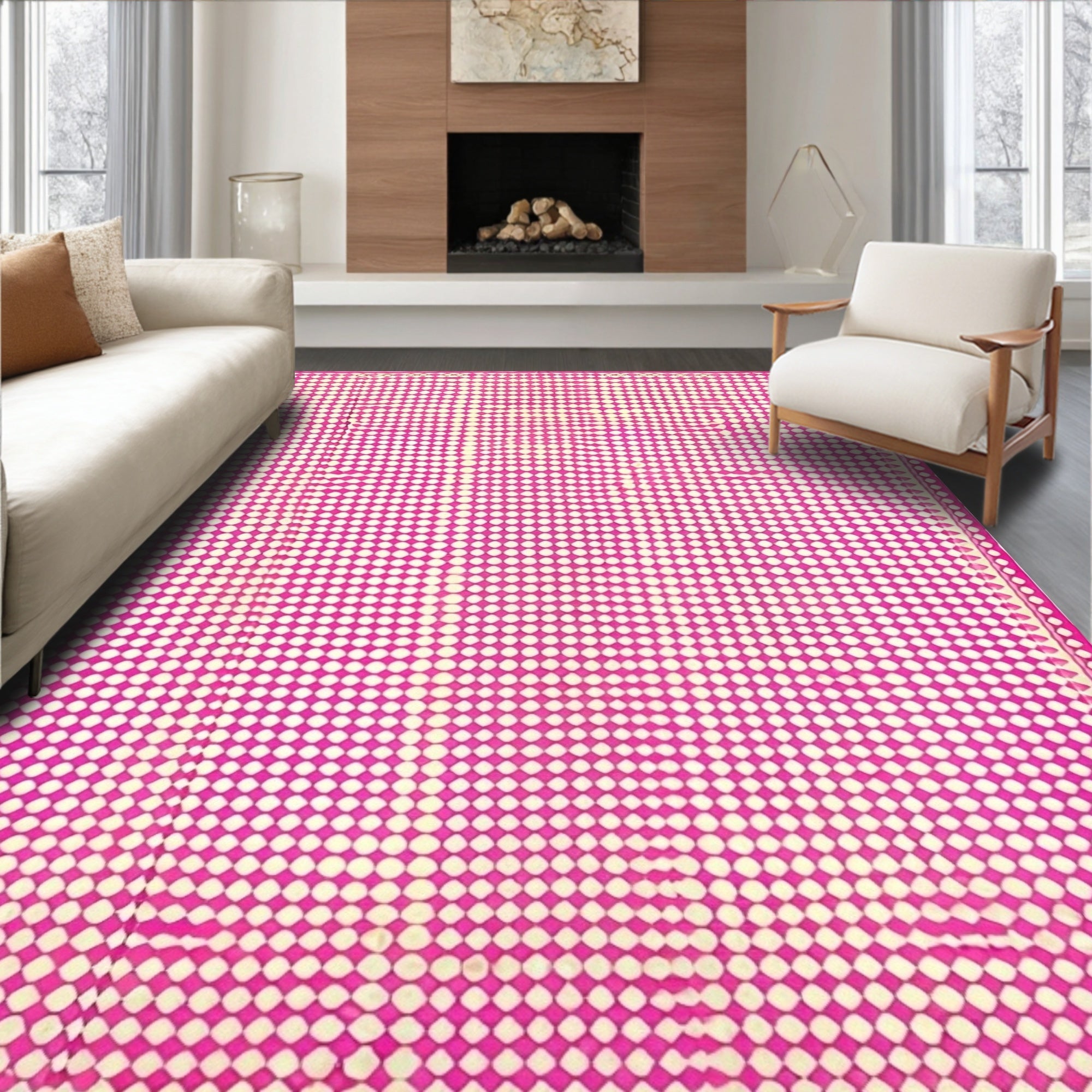 Pink White Dot Grid Pattern Rug