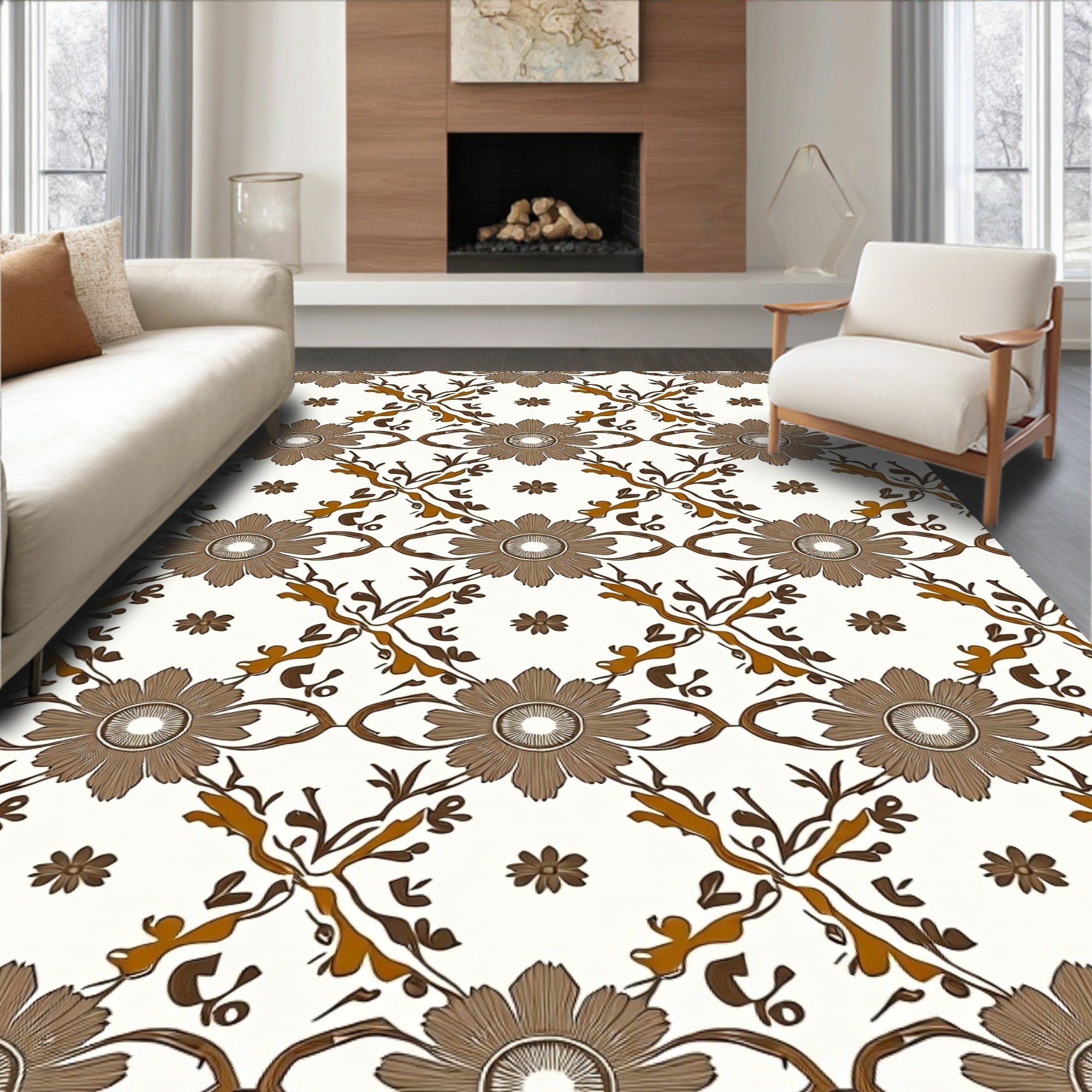 Brown Floral Vine Art Nuevo Pattern Rug