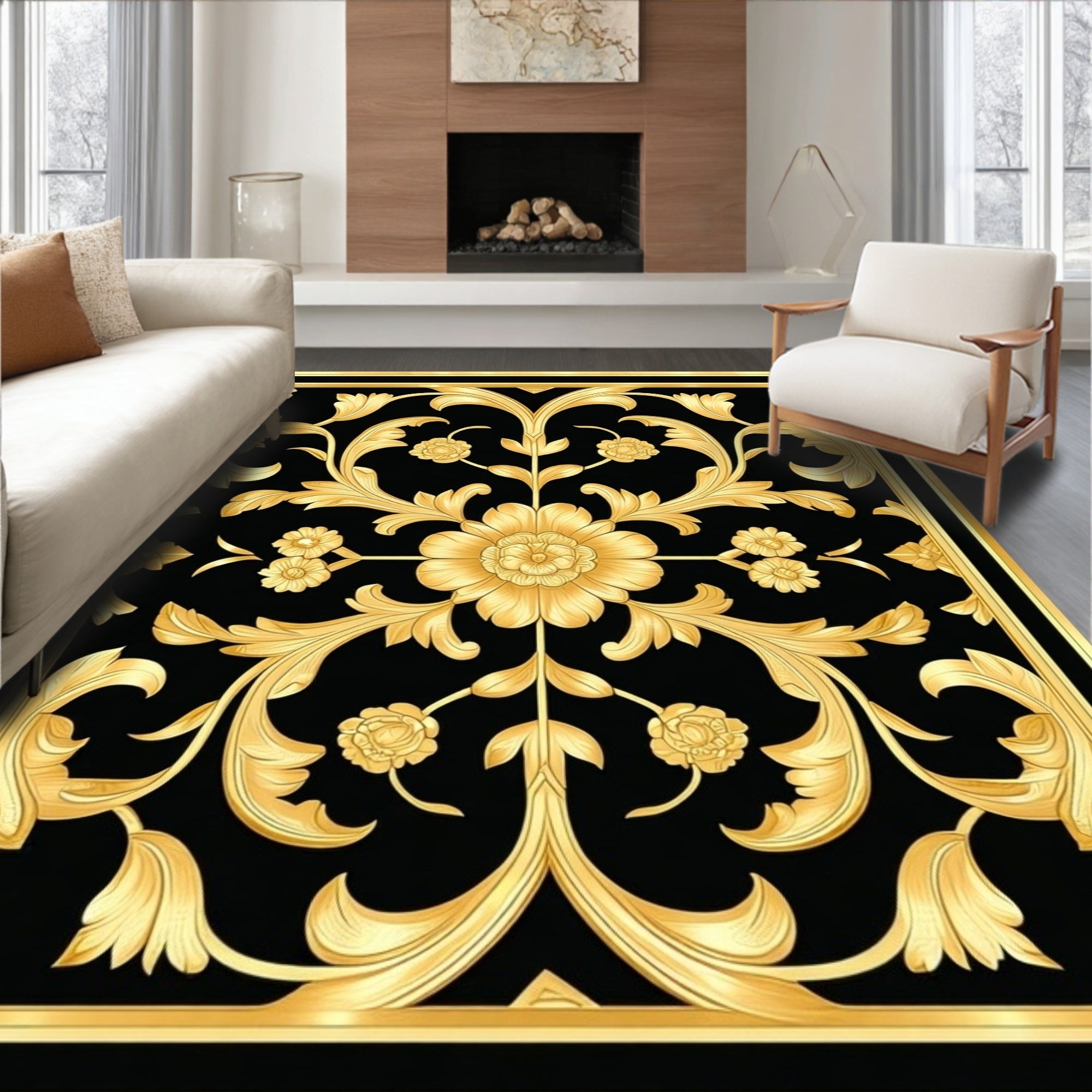 Ornate Gold Floral Black Pattern Rug