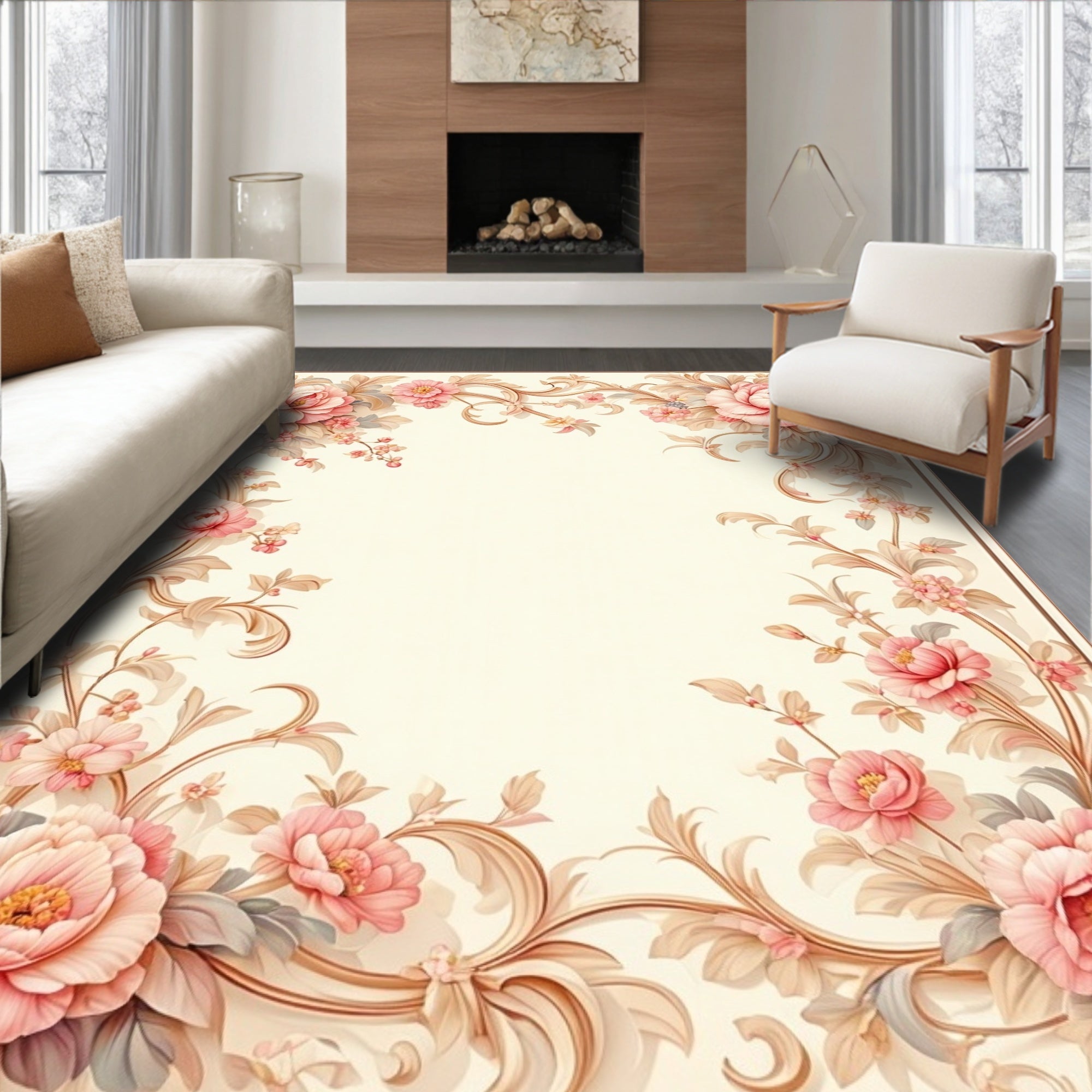 Elegant Floral Scrollwork and Peony Rug