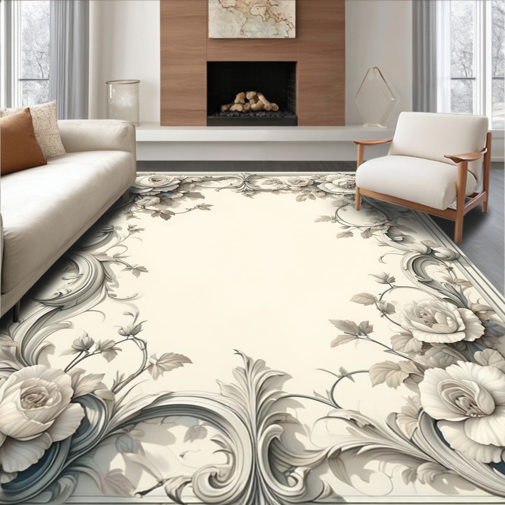 Elegant Floral Scrollwork Patterned Rug