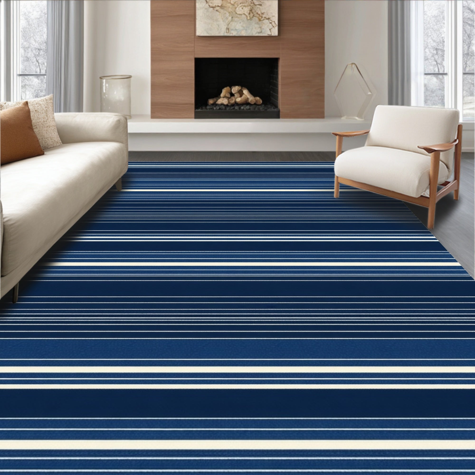 Classic Navy White Stripe Pattern Rug