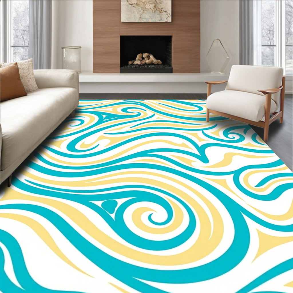 Teal Yellow Abstract Swirl Pattern Rug