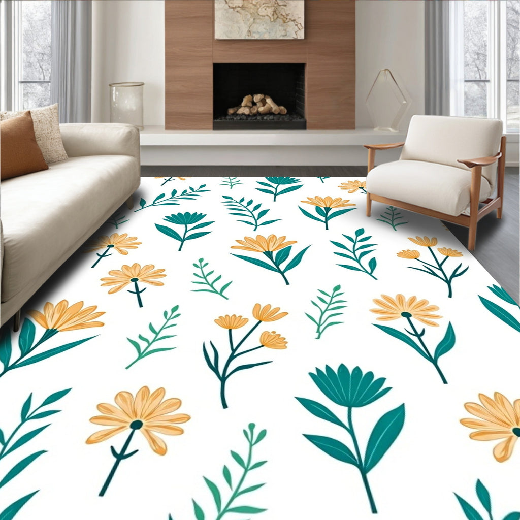 Teal Gold Floral Botanical Pattern Rug