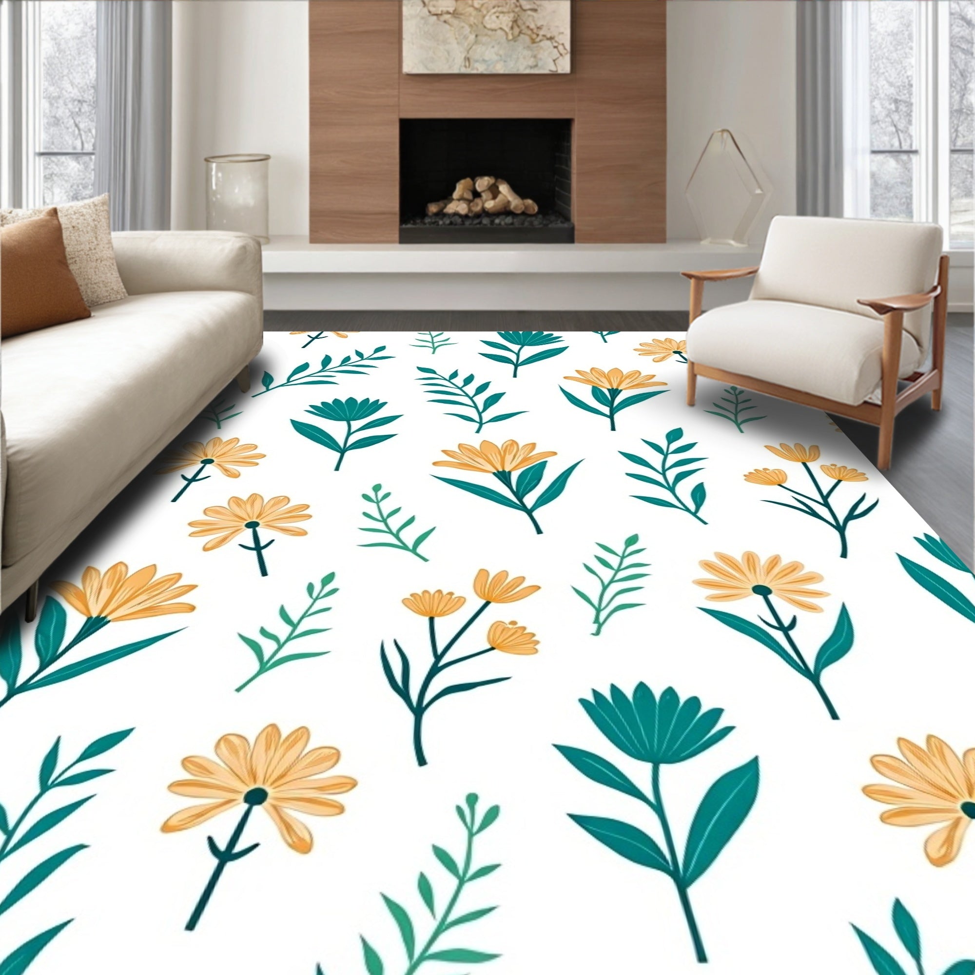 Teal Gold Floral Botanical Pattern Rug