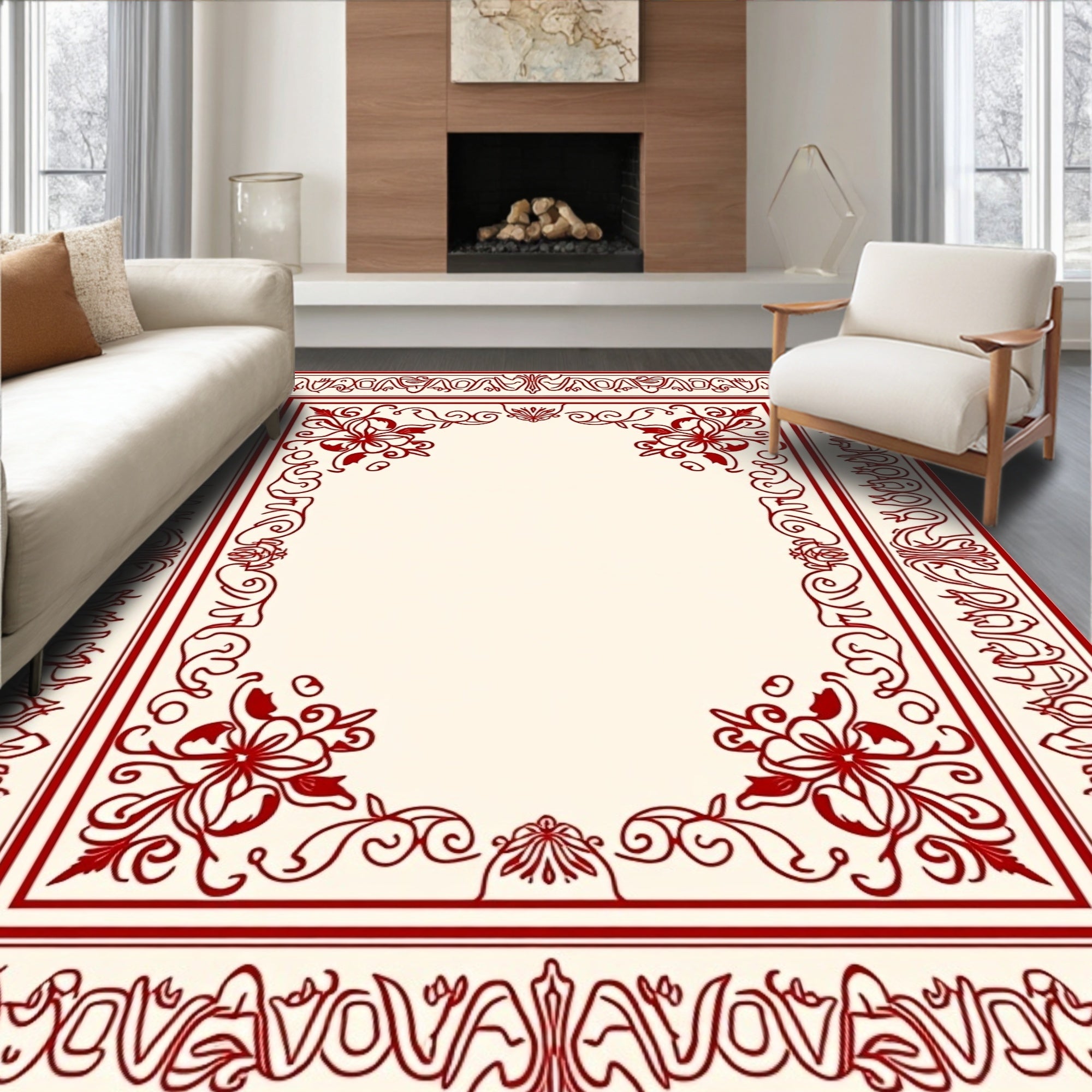 Classic Red Floral Border Design Rug