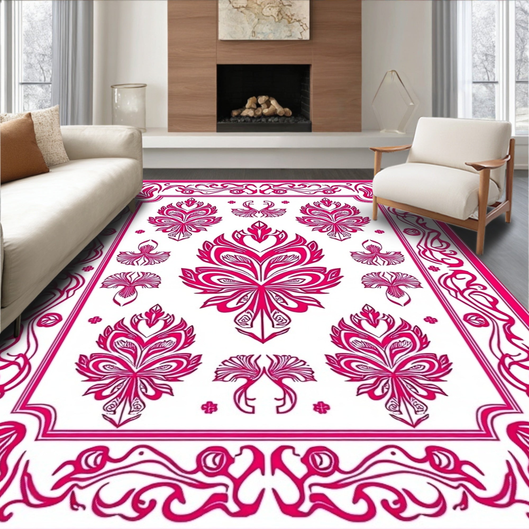 Ornate Pink Bird Floral Pattern Rug