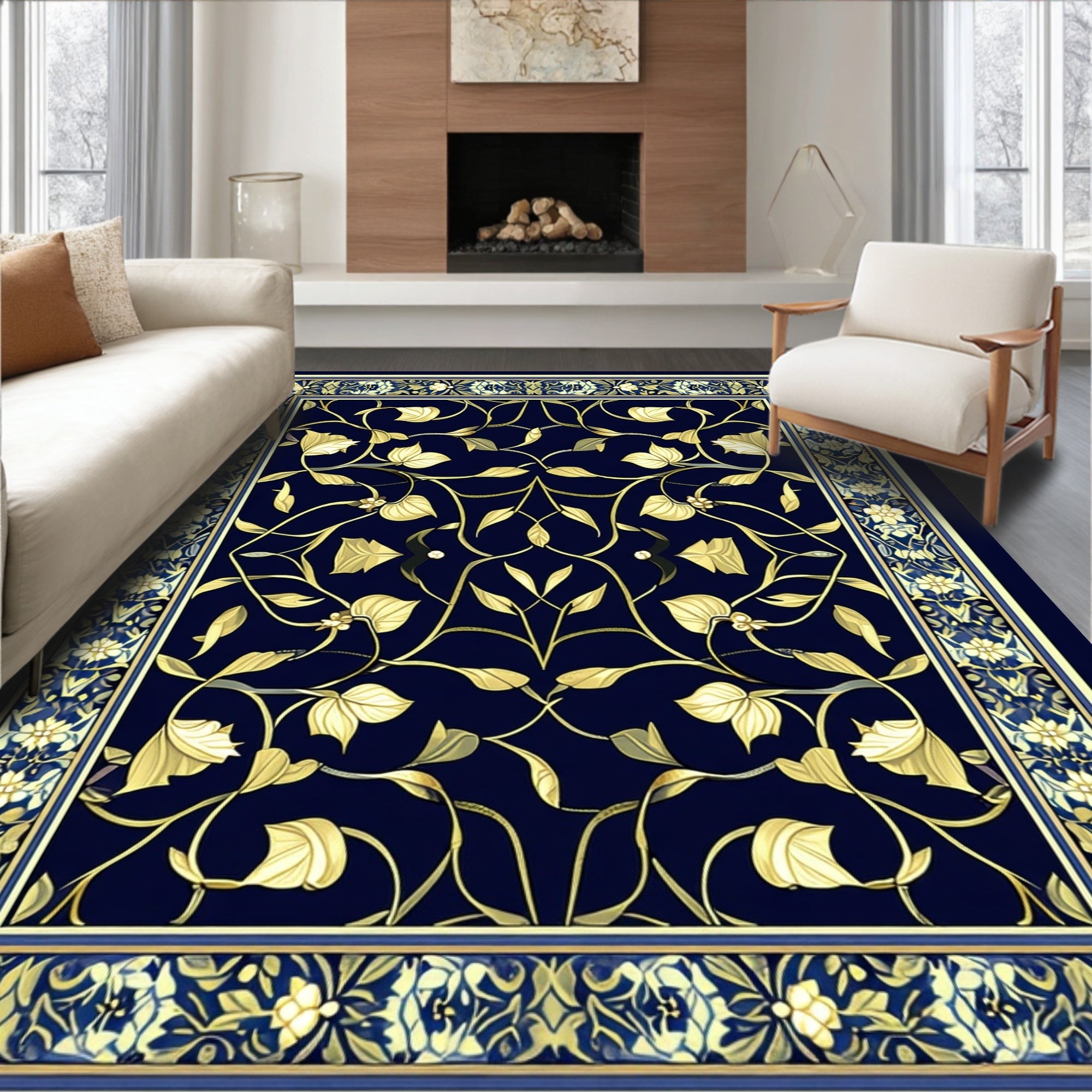 Golden Floral Vine Pattern Rug