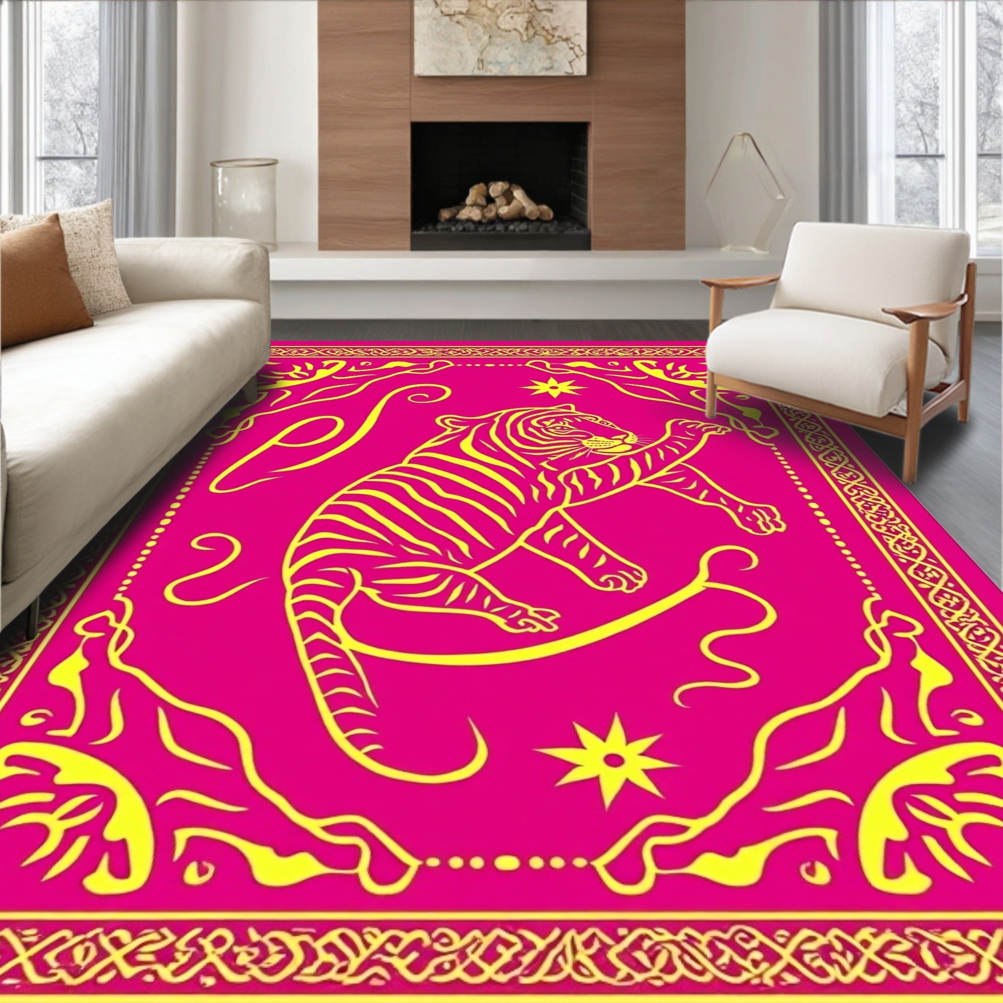 Bold Pink Yellow Tiger Pattern Rug