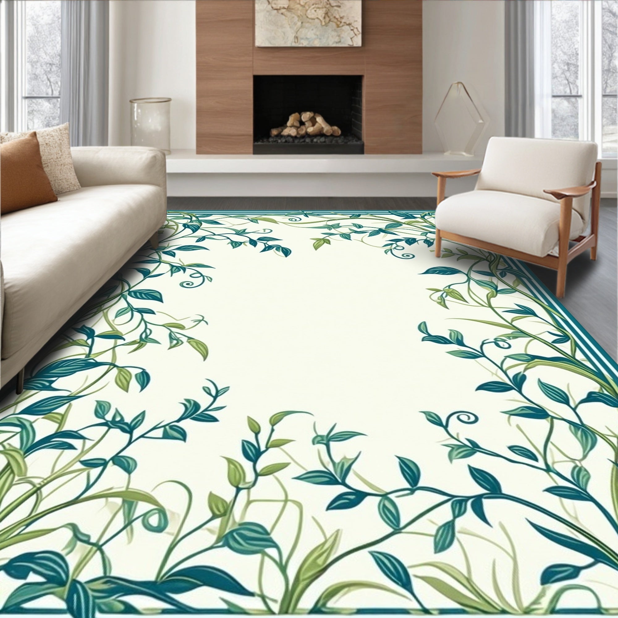 Elegant Teal Vine Border Design Rug