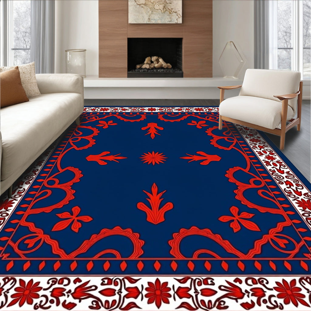 Ornate Red Floral Paisley Blue Rug