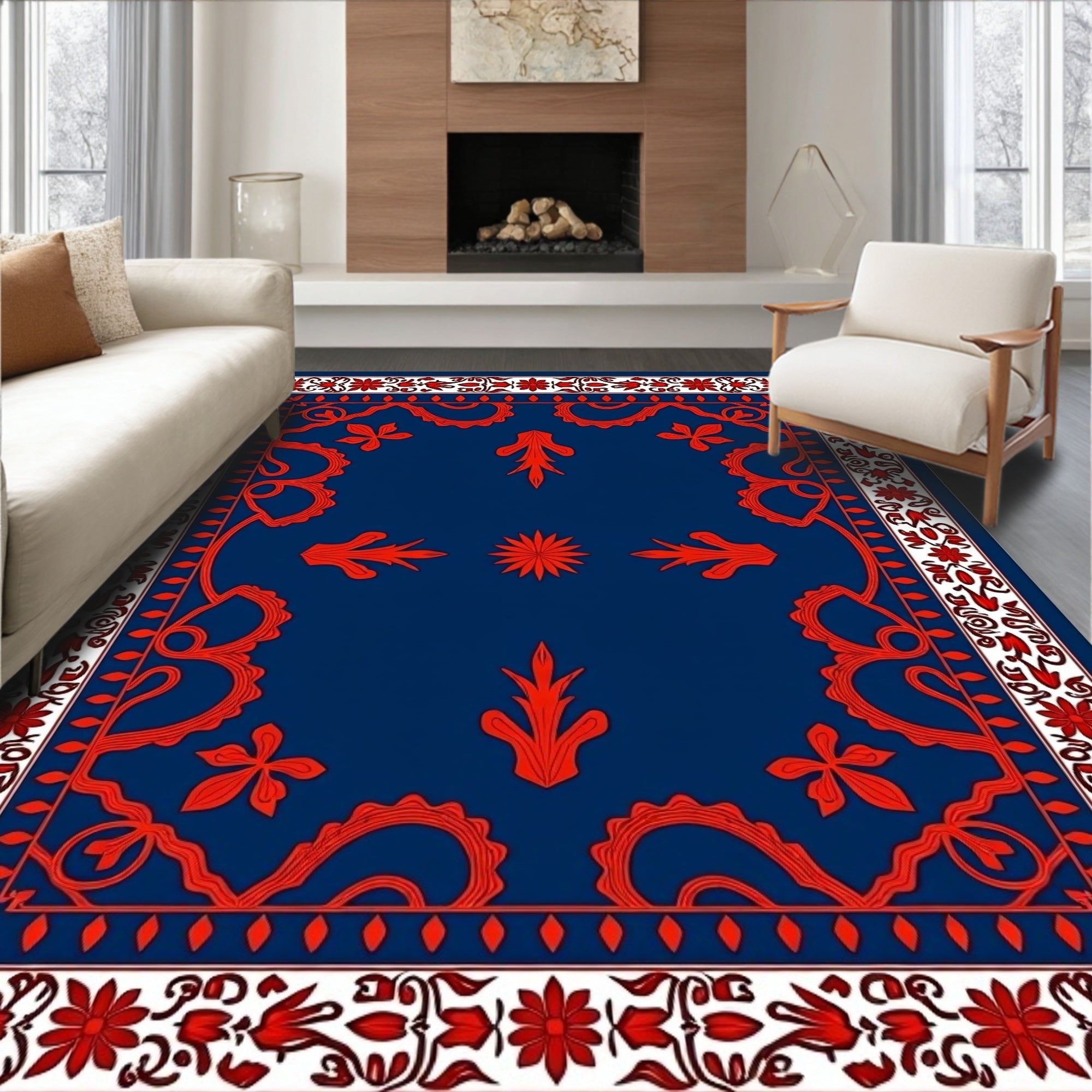 Ornate Red Floral Paisley Blue Rug